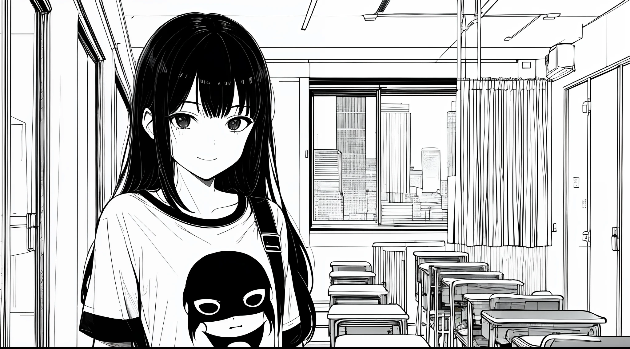 masterpiece, top-quality, (1girl in), tshirts, A slight smil, backpack, A dark-haired, Black eyes, cyberpunked, monochromes, line-drawing、Classroom