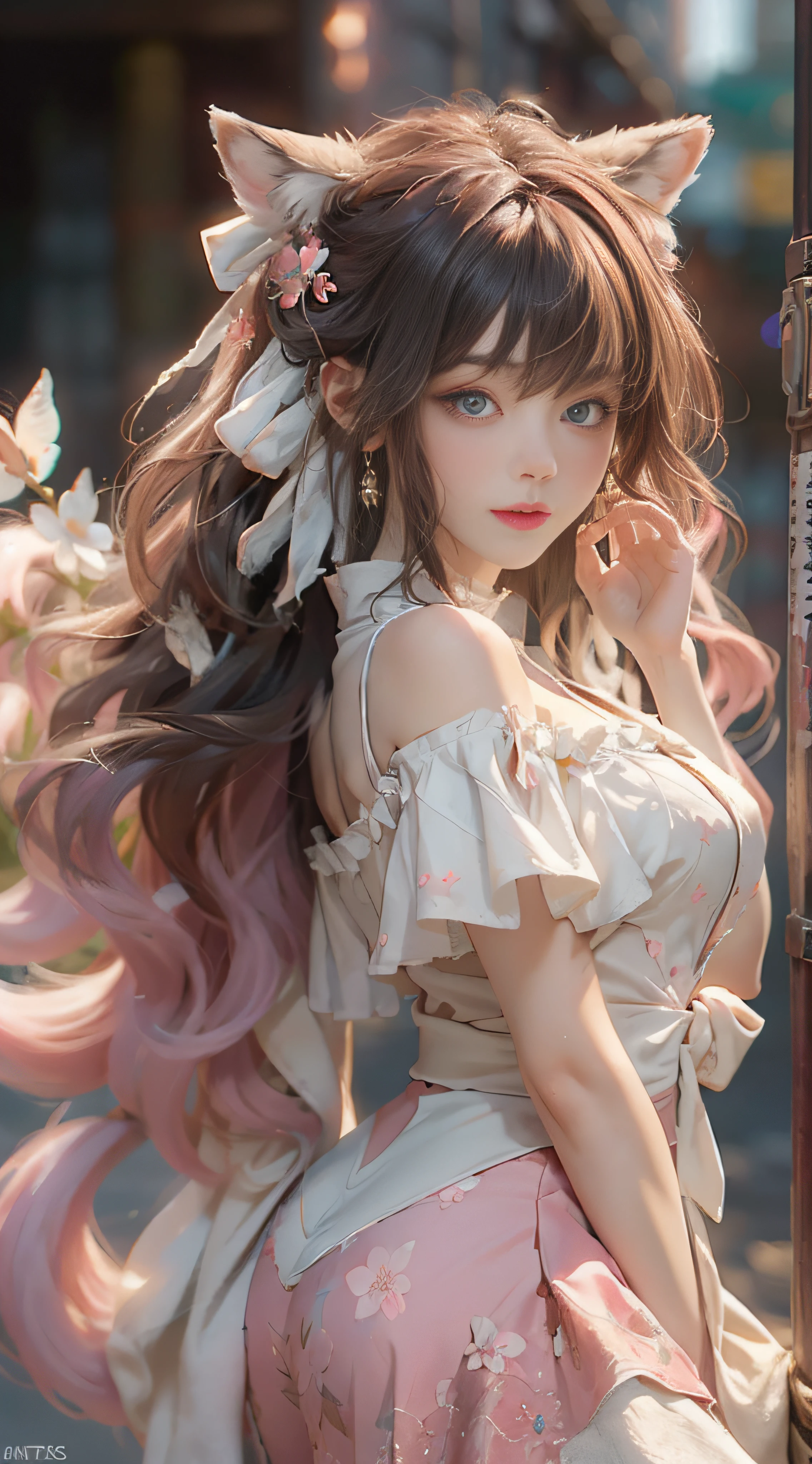 ((best qualtiy)), ((tmasterpiece)), (detail:1.4), Beautiful cyberpunk female images,hdr(HighDynamicRange),Ray traching,NVIDIA RTX,Hyper-Resolution,illusory 5,sub surface scattering,PBR textures,post-proces,Anisotropy Filtering,depth of fields,maximum definition and sharpness,Many-Layer Textures,Albedo e mapas Speculares,Surface coloring,Mitsu-Accurate simulation of material interactions,perfectly proportioned,rendering by octane,Two-colored light,largeaperture,Low ISO,White balance,Rule three points、8K raw data、Beautiful bright blue pupils,off-the-shoulder clothes,Fine pupils,Delicate face and eyes,long eyelasher,Blushlush,Delicate and fluffy hair,pink lip,Pure,Cute face,Sweet girl,Artistic sense,Casual wear,Advancedsense,butterflys,Cherry blossom petal,Beautiful hair accessories,Long hair and waist,Hair fluttering in the wind,Snow-white fox ears,curlies,Snow-white fluffy tail,Positive light,The light from the back window is backlighted