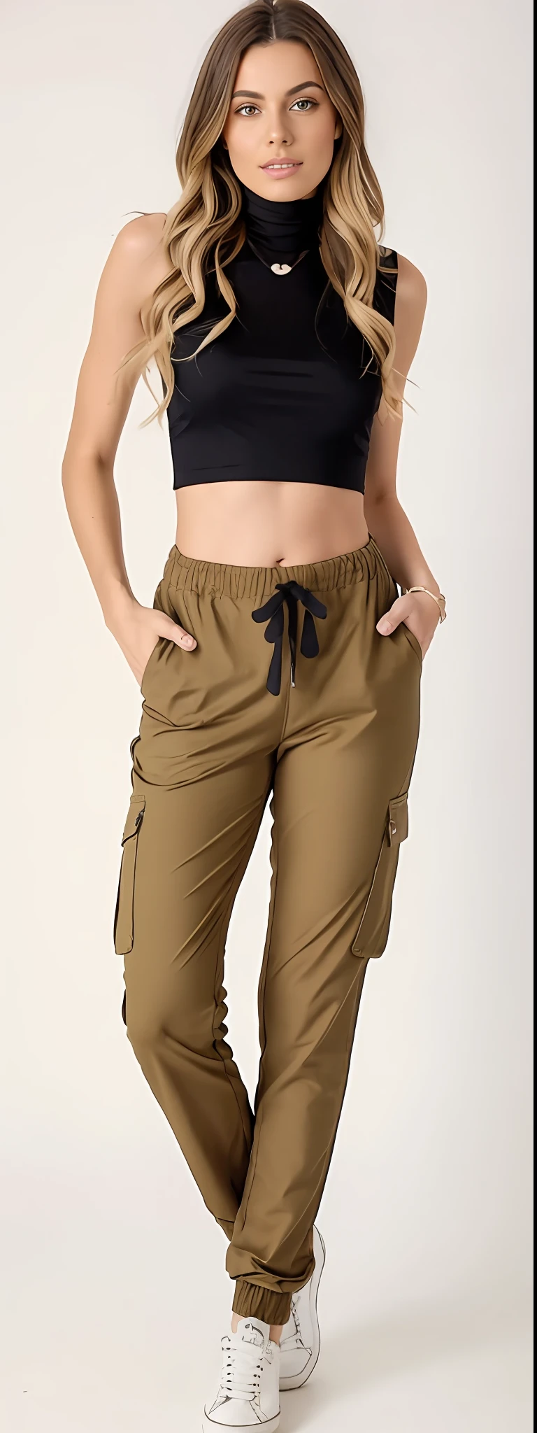 A beautiful woman in a black top and brown pants posing for a photo, brown pants, high waist sweatpants, baggy pants, Pants, cargo pants, com dois bolsos frontais, Khakis, so shorts, Olive green pants, with his hands in his pockets, wearing pants, Hands in pockets, Comfortable, toupeira, large pants, tiro do meio cintura para cima, roupas marrons, Directed by: Lee Jeffreis