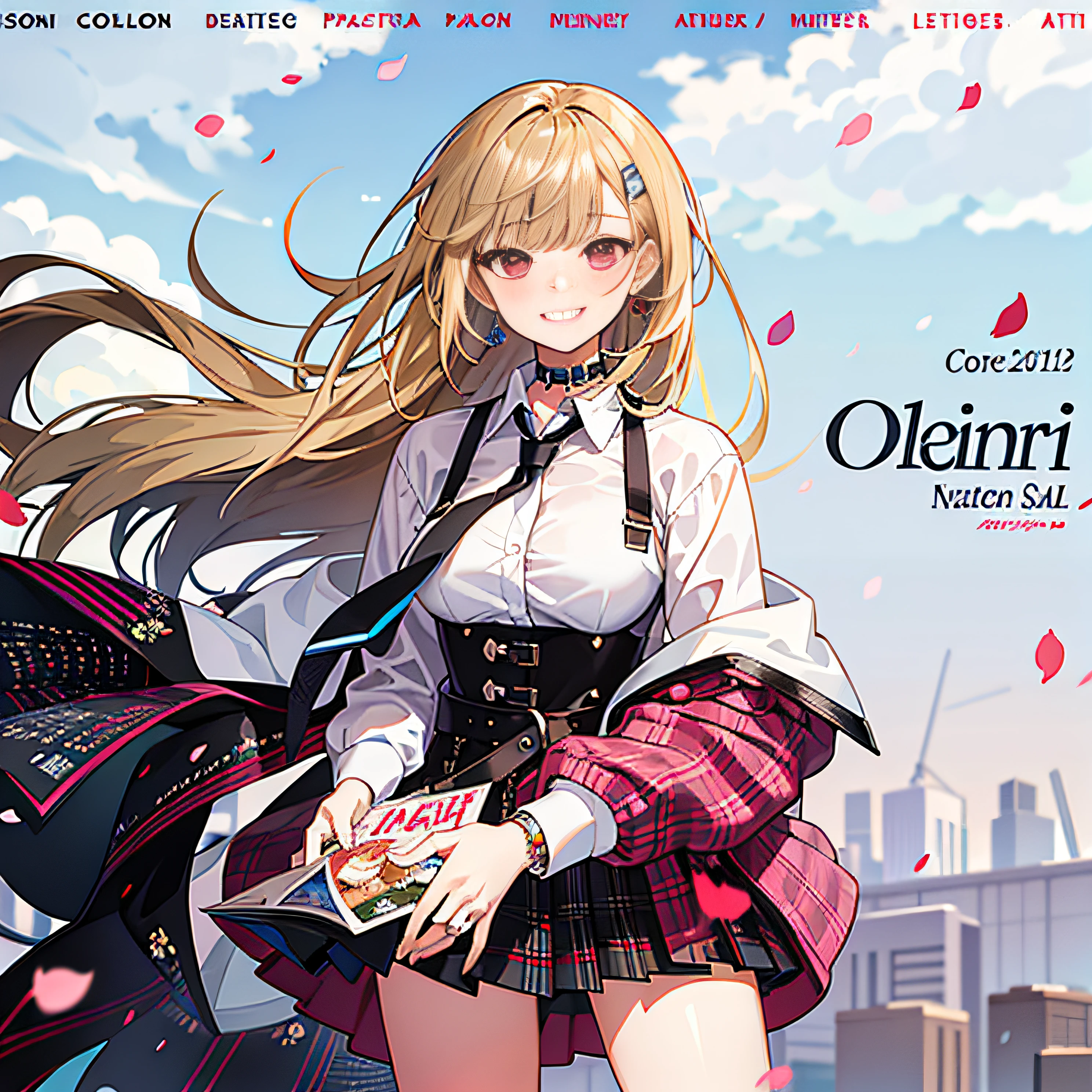 masterpiece, best quality, full body, 1girl, bangs, black choker, black necktie, blonde hair, blue skirt, blush, bracelet, breasts, choker, clothes around waist, collarbone, collared shirt, cowboy shot, dress shirt, ear piercing, eyebrows visible through hair, gradient hair, grin, gyaru, jewelry, kogal, long hair, looking at viewer, loose necktie, necktie, piercing, plaid, plaid skirt, pleated skirt, red eyes, ring, school uniform, shirt, skirt, smile, solo, white shirt, street, sky, cherry blossoms, petals,illustration, (magazine:1.3), (cover-style:1.3), fashionable, woman, vibrant, outfit, posing, front, colorful, dynamic, background, elements, confident, expression, holding, statement, accessory, majestic, coiled, around, touch, scene, text, cover, bold, attention-grabbing, title, stylish, font, catchy, headline, larger, striking, modern, trendy, focus, fashion,