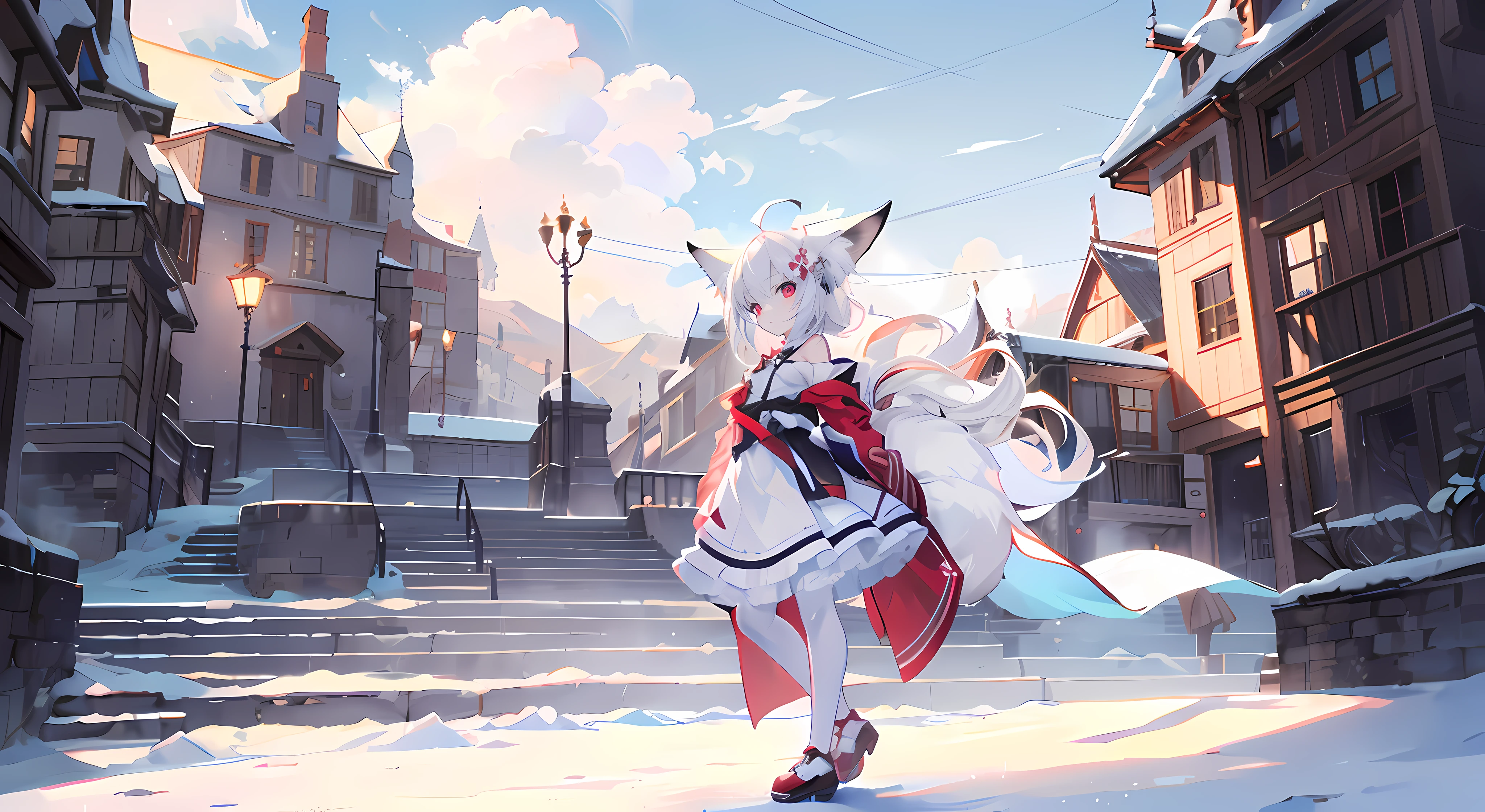 profile,full bodyesbian,Perspective,Movie Angle,very wide angle shot,Overall view,,Lens flare,Snow,High hills,blue sky with clouds,snowfield,Mountain,Nature,alps,Petite,Fox girl,Slender waist,Babe,Babe,s girl,,Petite_Body,Fox_hor ears,Long hair,ahoge,White_Hair,Red_Eyes,White_Hair,Red_Eyes,looking at the distance,kemomimi,standing,arms back behind,Slim legs,Beautiful_face,Cold attitude,Beautiful detailed eyes,Sweet_Loli clothing,White pantyhose, legs,KON,Suspenders,ribbon,hair flower,hair stick,Tail,Tiny_chest,Tiny_chest,Tiny_chest,Beautiful detailed sky,Ray tracing,Masterpiece,Clear picture,Sunlight,leg loops,ahoge,