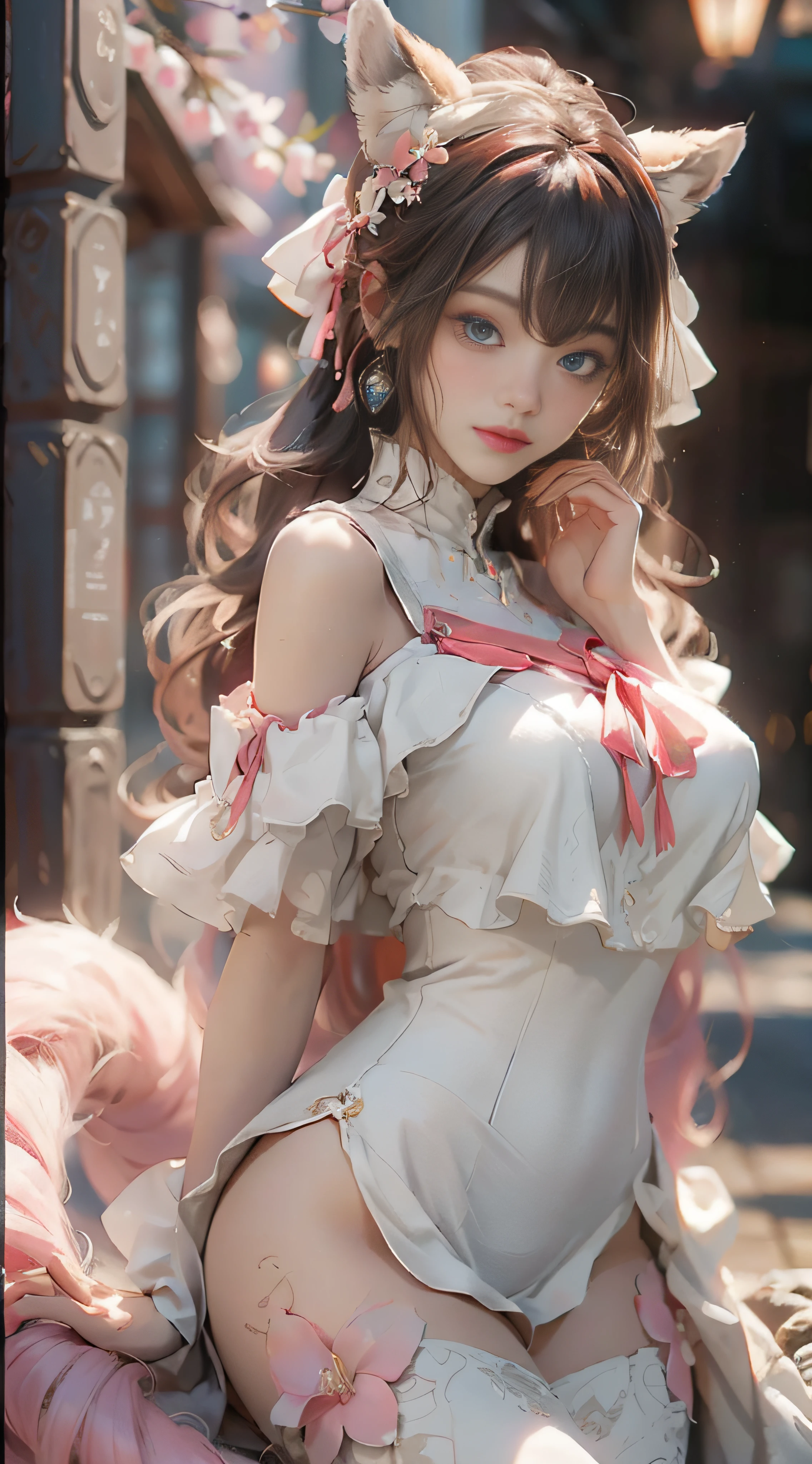 ((best qualtiy)), ((tmasterpiece)), (detail:1.4), Beautiful cyberpunk female images,hdr(HighDynamicRange),Ray traching,NVIDIA RTX,Hyper-Resolution,illusory 5,sub surface scattering,PBR textures,post-proces,Anisotropy Filtering,depth of fields,maximum definition and sharpness,Many-Layer Textures,Albedo e mapas Speculares,Surface coloring,Mitsu-Accurate simulation of material interactions,perfectly proportioned,rendering by octane,Two-colored light,largeaperture,Low ISO,White balance,Rule three points、8K raw data、Beautiful bright blue pupils,off-the-shoulder clothes,Fine pupils,Delicate face and eyes,long eyelasher,Blushlush,Delicate and fluffy hair,pink lip,Pure,Cute face,Sweet girl,Artistic sense,Casual wear,Advancedsense,butterflys,Cherry blossom petal,Beautiful hair accessories,Long hair and waist,Hair fluttering in the wind,Snow-white fox ears,curlies,Snow-white fluffy tail,Positive light,The light from the back window is backlighted