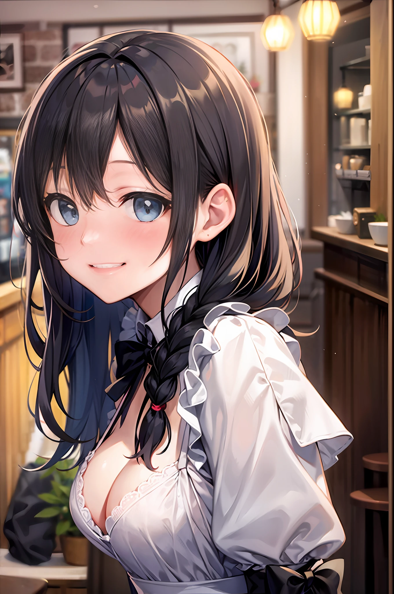 black braid hair、maid clothes、C Cup、a smile、(blushed face:1.3)、Cafe background、radiant eyes