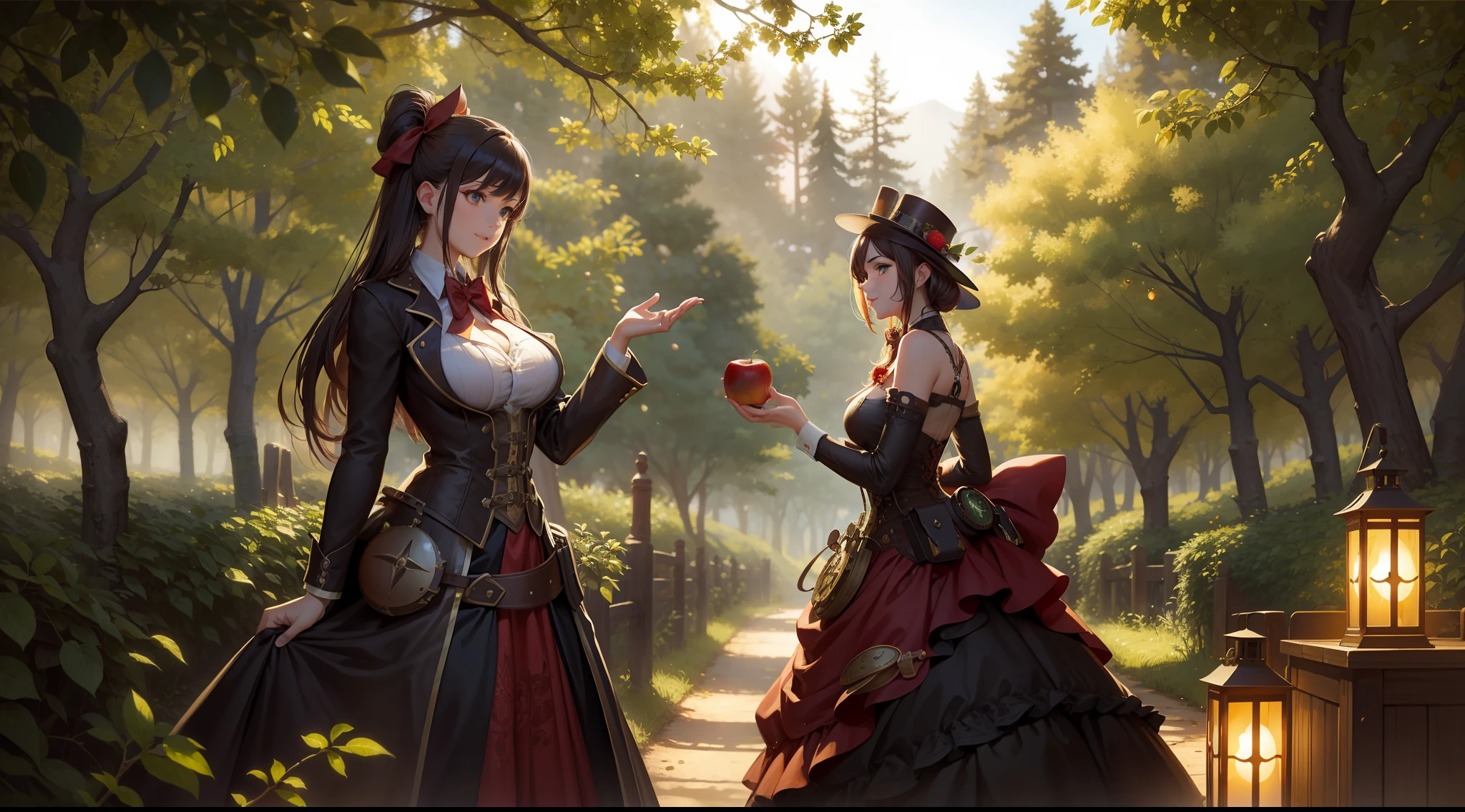 steampunk art, Apple orchard, A huge red apple in a coniferous forest, bokeh, glare, radiance, Fantasy elements, fairycore, High Resolution, image, Lovely, (detailized face)