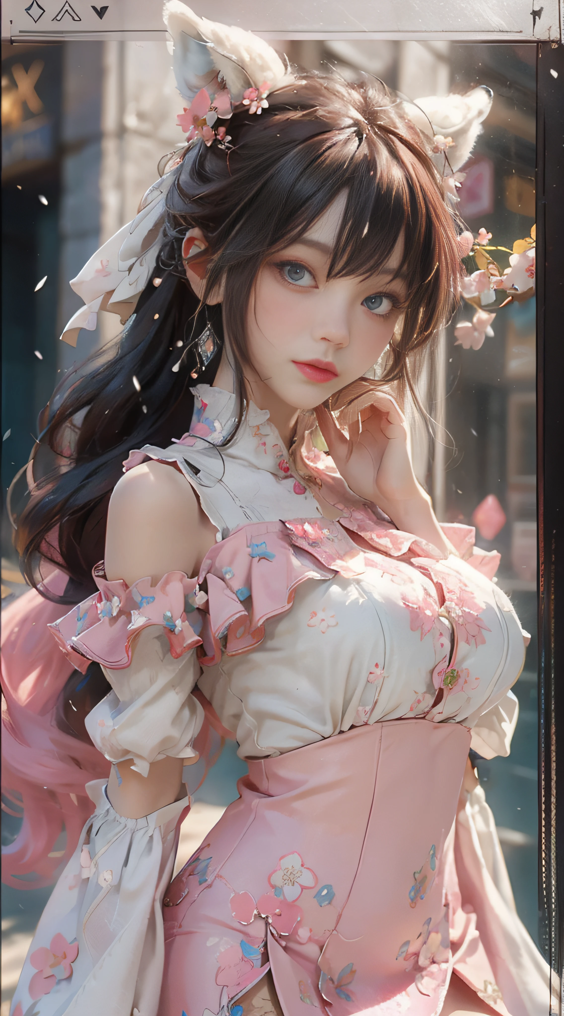 ((best qualtiy)), ((tmasterpiece)), (detail:1.4), Beautiful cyberpunk female images,hdr(HighDynamicRange),Ray traching,NVIDIA RTX,Hyper-Resolution,illusory 5,sub surface scattering,PBR textures,post-proces,Anisotropy Filtering,depth of fields,maximum definition and sharpness,Many-Layer Textures,Albedo e mapas Speculares,Surface coloring,Mitsu-Accurate simulation of material interactions,perfectly proportioned,rendering by octane,Two-colored light,largeaperture,Low ISO,White balance,Rule three points、8K raw data、Beautiful bright blue pupils,off-the-shoulder clothes,Fine pupils,Delicate face and eyes,long eyelasher,Blushlush,Delicate and fluffy hair,pink lip,Pure,Cute face,Sweet girl,Artistic sense,Casual wear,Advancedsense,butterflys,Cherry blossom petal,Beautiful hair accessories,Long hair and waist,Hair fluttering in the wind,Snow-white fox ears,curlies,Snow-white fluffy tail,Positive light,The light from the back window is backlighted