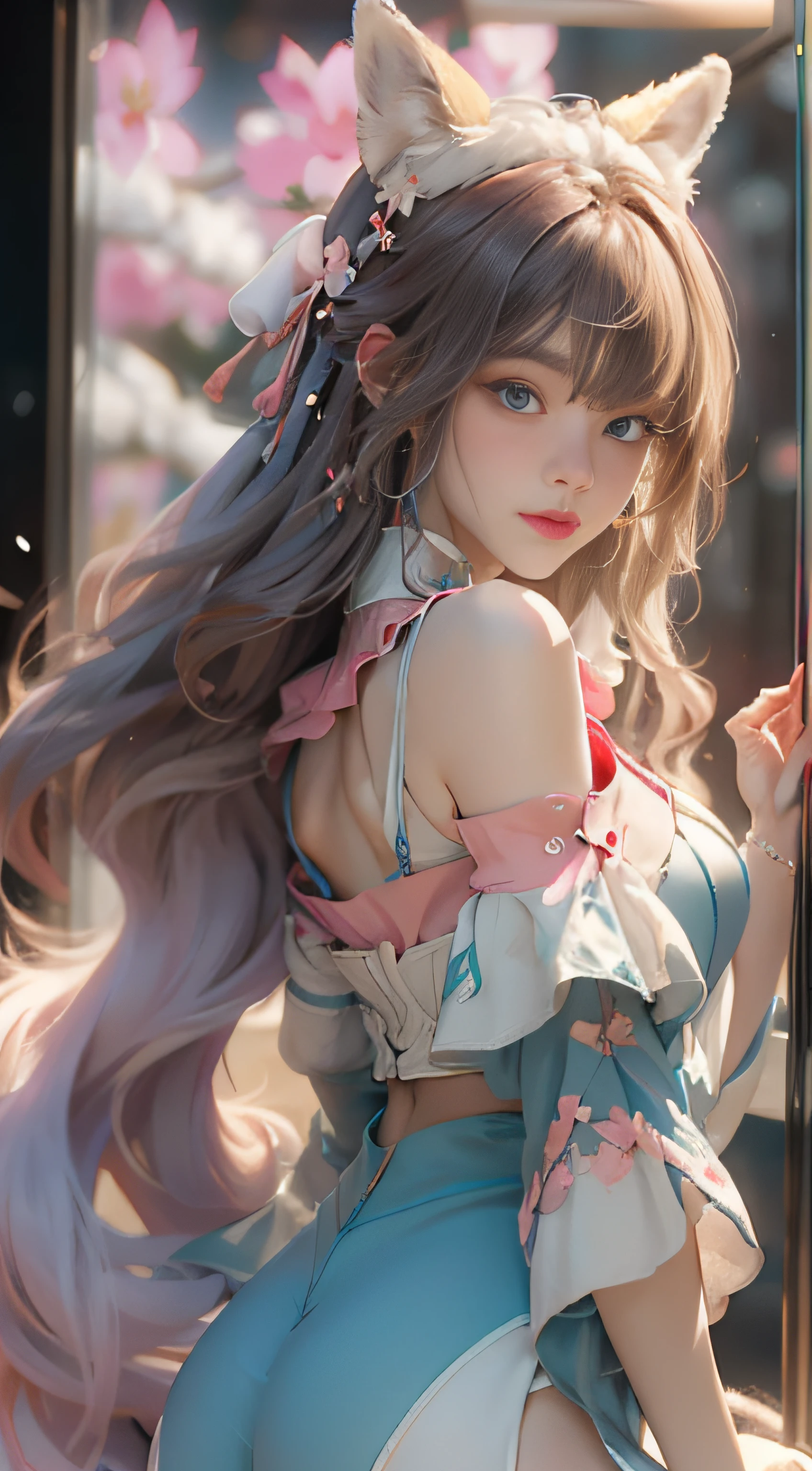 ((best qualtiy)), ((tmasterpiece)), (detail:1.4), Beautiful cyberpunk female images,hdr(HighDynamicRange),Ray traching,NVIDIA RTX,Hyper-Resolution,illusory 5,sub surface scattering,PBR textures,post-proces,Anisotropy Filtering,depth of fields,maximum definition and sharpness,Many-Layer Textures,Albedo e mapas Speculares,Surface coloring,Mitsu-Accurate simulation of material interactions,perfectly proportioned,rendering by octane,Two-colored light,largeaperture,Low ISO,White balance,Rule three points、8K raw data、Beautiful bright blue pupils,off-the-shoulder clothes,Fine pupils,Delicate face and eyes,long eyelasher,Blushlush,Delicate and fluffy hair,pink lip,Pure,Cute face,Sweet girl,Artistic sense,Casual wear,Advancedsense,butterflys,Cherry blossom petal,Beautiful hair accessories,Long hair and waist,Hair fluttering in the wind,Snow-white fox ears,curlies,Snow-white fluffy tail,Positive light,The light from the back window is backlighted