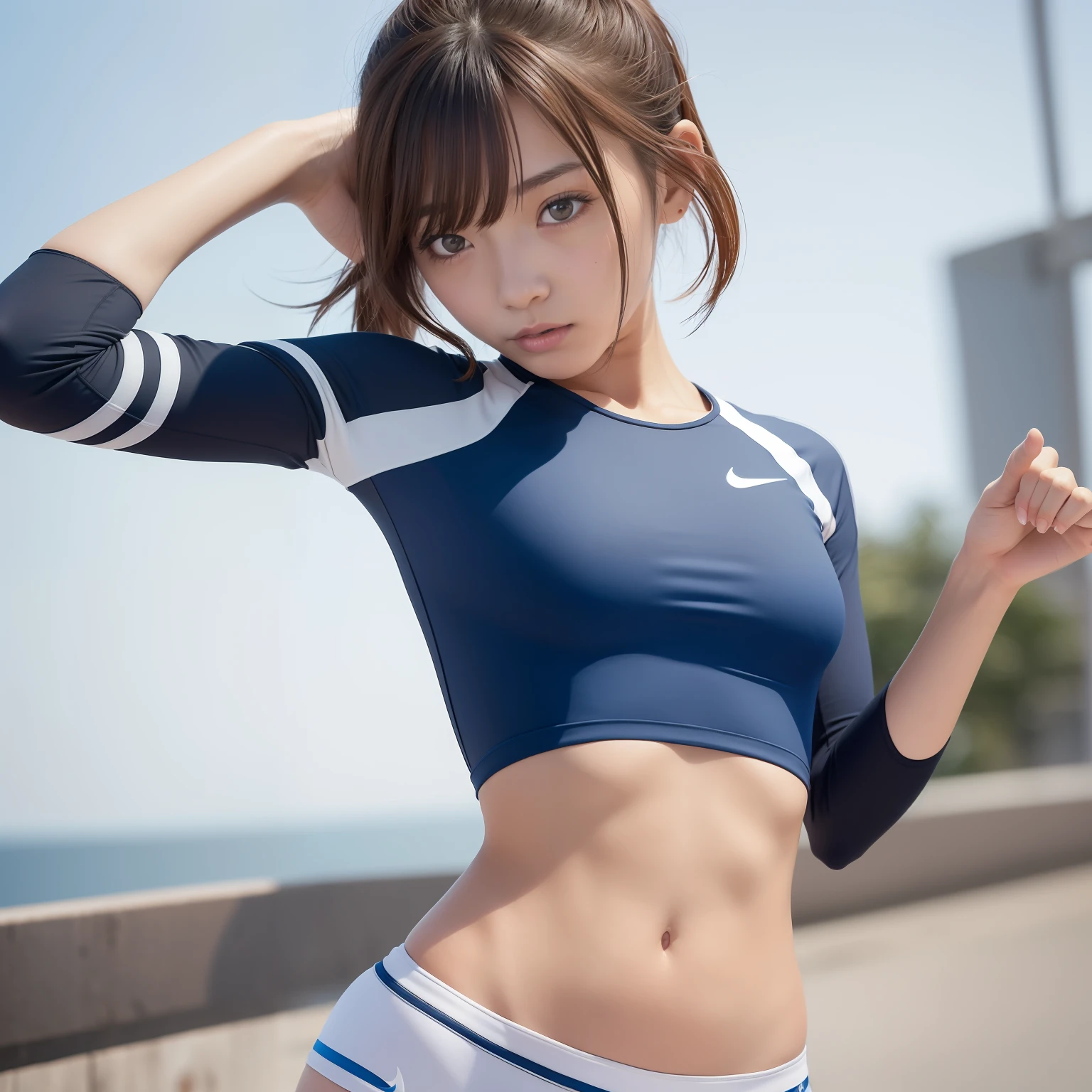 (Solo), (a detailed full-body RAW photo of a girl), (masutepiece:1.0), (Best Quality:1.4), (超A high resolution:1.2), (Photorealistic:1.4), 8K resolution, Canon EOS R5, 50 millimeters, absurderes, ultra-detailliert, (25-years old), back focus, Cinematic lighting, Detailed beautiful face, (no-makeup:1.2), (ulzzang -6500-v1.1), petite figure, Detailed skin texture, (flat chest:1.4), (skinny and fit body:1.6), Detailed brown hair, sweltering,(Very short hair:1.5), See Through wear, (Blue and White Nike matte Thin Competition Athletic Wear:1.5), More transparent, low rise, realistic glistening skin, Detailed texture, (No bra:1.5), stylish pose, (:0.2), Very small, (Satomi Ishihara:0.4), Cameltoe, well-developed abs,