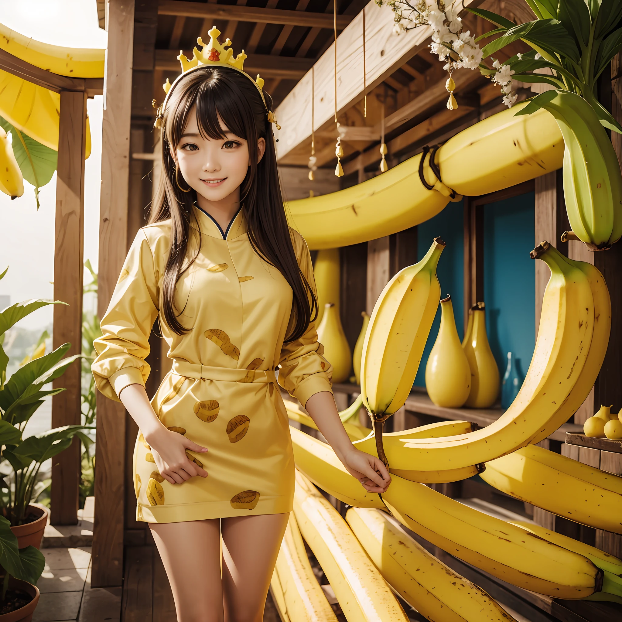 masterpiece、top-quality、realisitic、Photorealsitic、Banana-themed kingdom、Banana-themed castle、Princess in banana themed dress、A Japanese Lady、Banana Accessories、Banana Jewelry、Surrounded by lots of bananas、Soldier in armor with banana motif、Bright décor、A smile、dynamic ungle、动态照明