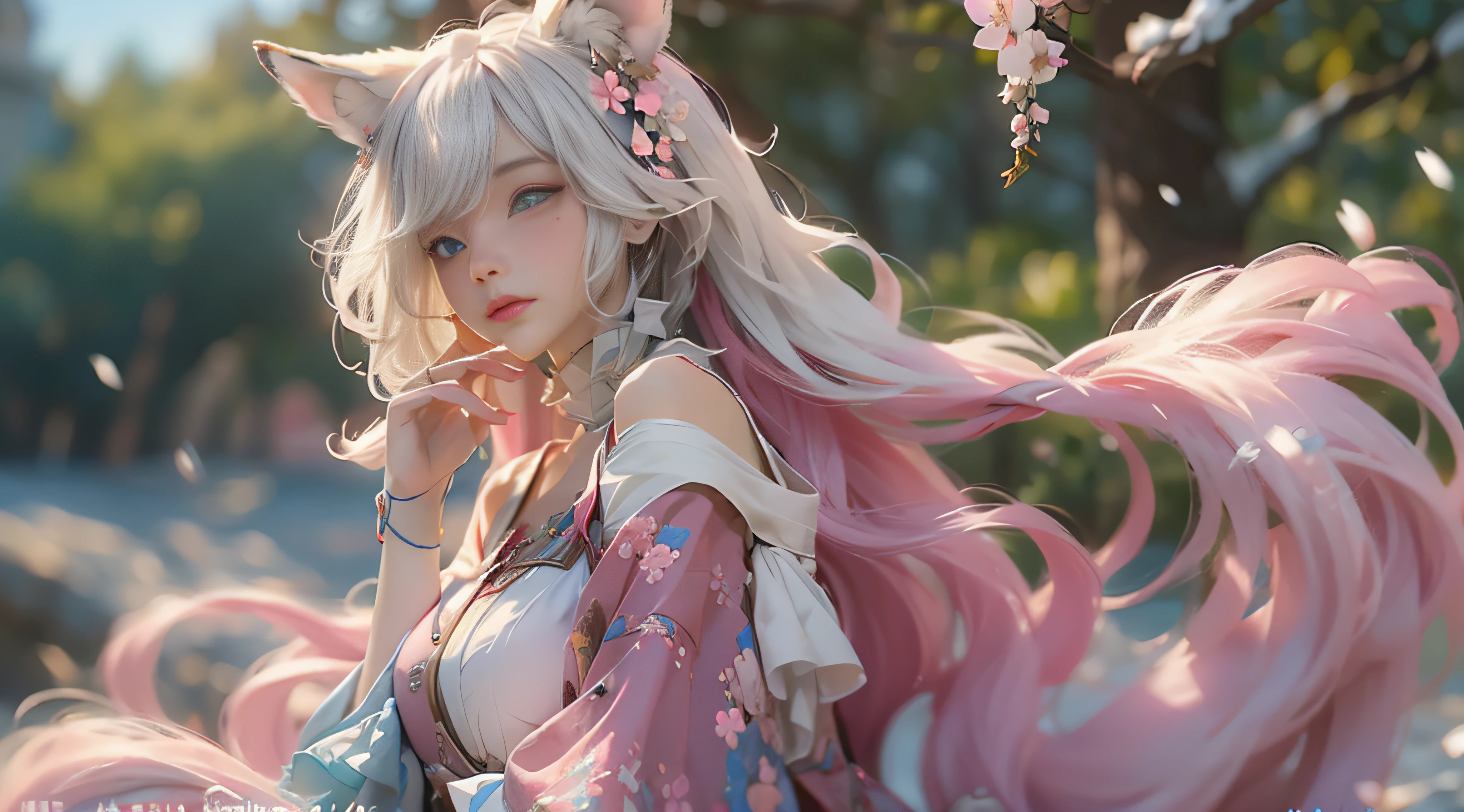 （（best qualtiy））， （（tmasterpiece））， （detail：1.4）， Beautiful cyberpunk female images，hdr（HighDynamicRange），Ray traching，NVIDIA RTX，Hyper-Resolution，illusory 5，sub surface scattering，PBR textures，post-proces，Anisotropy Filtering，depth of fields，maximum definition and sharpness，Many-Layer Textures，Albedo e mapas Speculares，Surface coloring，Mitsu-Accurate simulation of material interactions，perfectly proportioned，rendering by octane，Two-colored light，largeaperture，Low ISO，White balance，Rule three points、8K raw data、Beautiful bright blue pupils，off-the-shoulder clothes，Fine pupils，Delicate face and eyes，long eyelasher，Blushlush，Delicate and fluffy hair，pink lip，Pure，Cute face，Sweet girl，Artistic sense，Casual wear，Advancedsense，butterflys，Cherry blossom petal，Beautiful hair accessories，Long hair and waist，Hair fluttering in the wind，Snow-white fox ears，curlies，Snow-white fluffy tail，Positive light，The light from the back window is backlighted