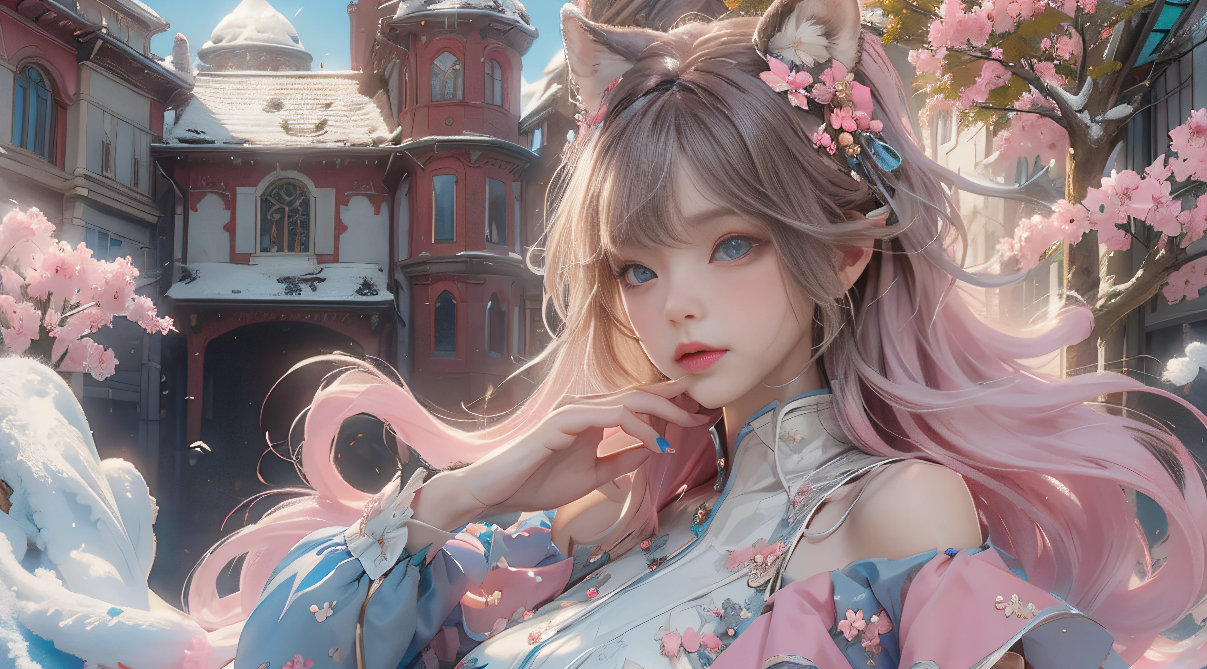 ((best qualtiy)), ((tmasterpiece)), (detail:1.4), Beautiful cyberpunk female images,hdr(HighDynamicRange),Ray traching,NVIDIA RTX,Hyper-Resolution,illusory 5,sub surface scattering,PBR textures,post-proces,Anisotropy Filtering,depth of fields,maximum definition and sharpness,Many-Layer Textures,Albedo e mapas Speculares,Surface coloring,Mitsu-Accurate simulation of material interactions,perfectly proportioned,rendering by octane,Two-colored light,largeaperture,Low ISO,White balance,Rule three points、8K raw data、Beautiful bright blue pupils,off-the-shoulder clothes,Fine pupils,Delicate face and eyes,long eyelasher,Blushlush,Delicate and fluffy hair,pink lip,Pure,Cute face,Sweet girl,Artistic sense,Casual wear,Advancedsense,butterflys,Cherry blossom petal,Beautiful hair accessories,Long hair and waist,Hair fluttering in the wind,Snow-white fox ears,curlies,Snow-white fluffy tail,Positive light,The light from the back window is backlighted