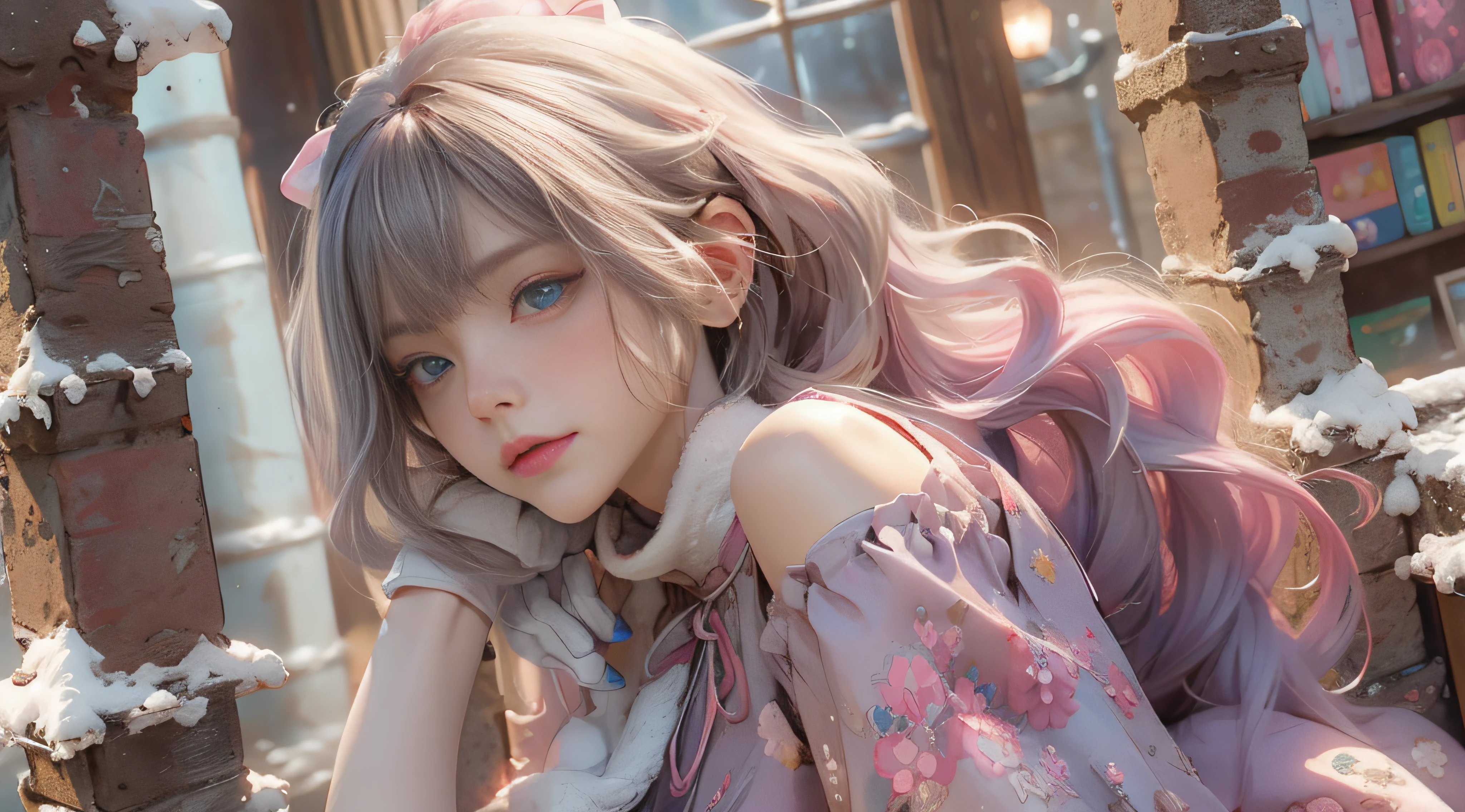 ((best qualtiy)), ((tmasterpiece)), (detail:1.4), Beautiful cyberpunk female images,hdr(HighDynamicRange),Ray traching,NVIDIA RTX,Hyper-Resolution,illusory 5,sub surface scattering,PBR textures,post-proces,Anisotropy Filtering,depth of fields,maximum definition and sharpness,Many-Layer Textures,Albedo e mapas Speculares,Surface coloring,Mitsu-Accurate simulation of material interactions,perfectly proportioned,rendering by octane,Two-colored light,largeaperture,Low ISO,White balance,Rule three points、8K raw data、Beautiful bright blue pupils,off-the-shoulder clothes,Fine pupils,Delicate face and eyes,long eyelasher,Blushlush,Delicate and fluffy hair,pink lip,Pure,Cute face,Sweet girl,Artistic sense,Casual wear,Advancedsense,butterflys,Cherry blossom petal,Beautiful hair accessories,Long hair and waist,Hair fluttering in the wind,Snow-white fox ears,curlies,Snow-white fluffy tail,Positive light,The light from the back window is backlighted