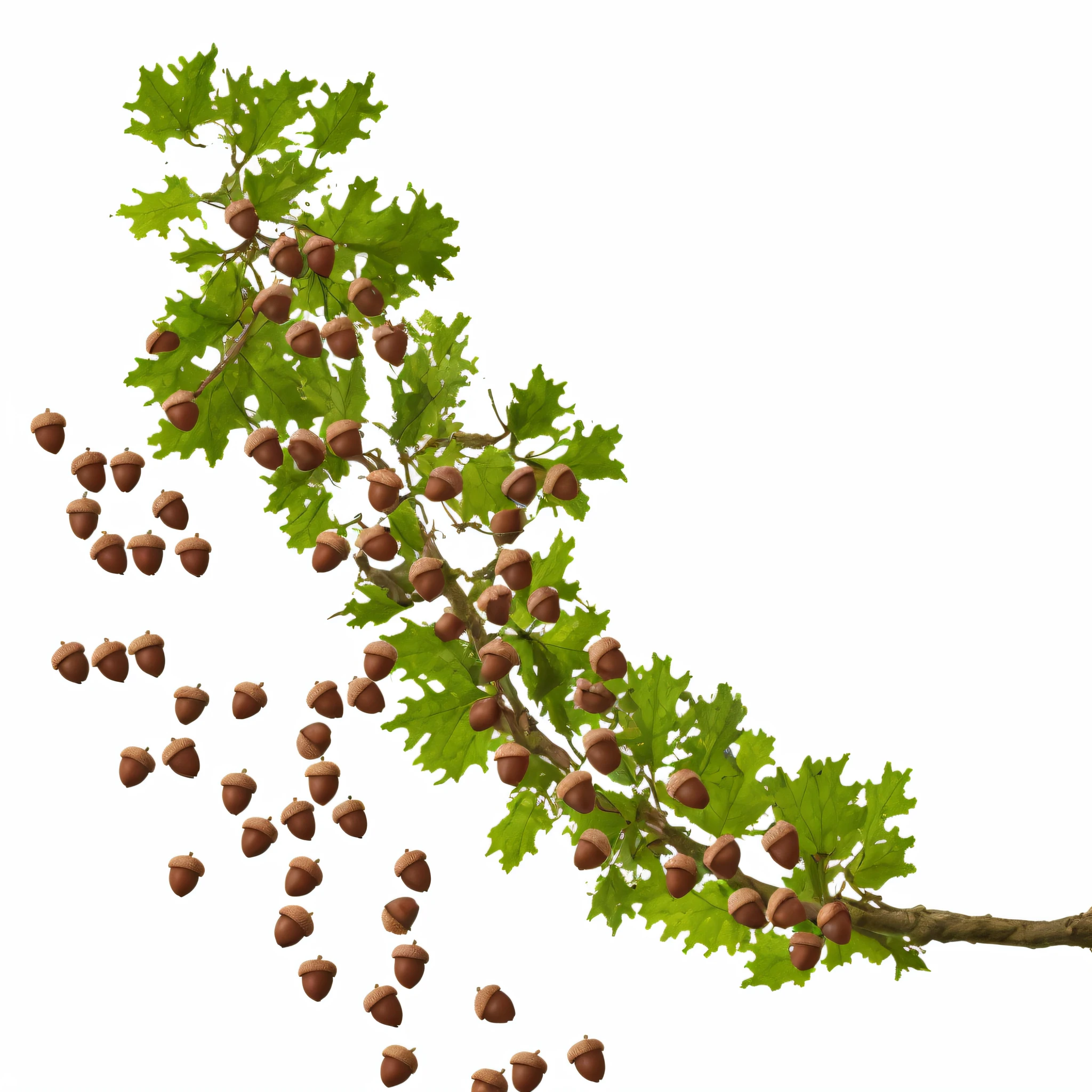 oak leaves and acorns hanging from an oak branch by stems. photorealistic, ,rich colors ,hyper realistic ,lifelike texture, dramatic lighting ,