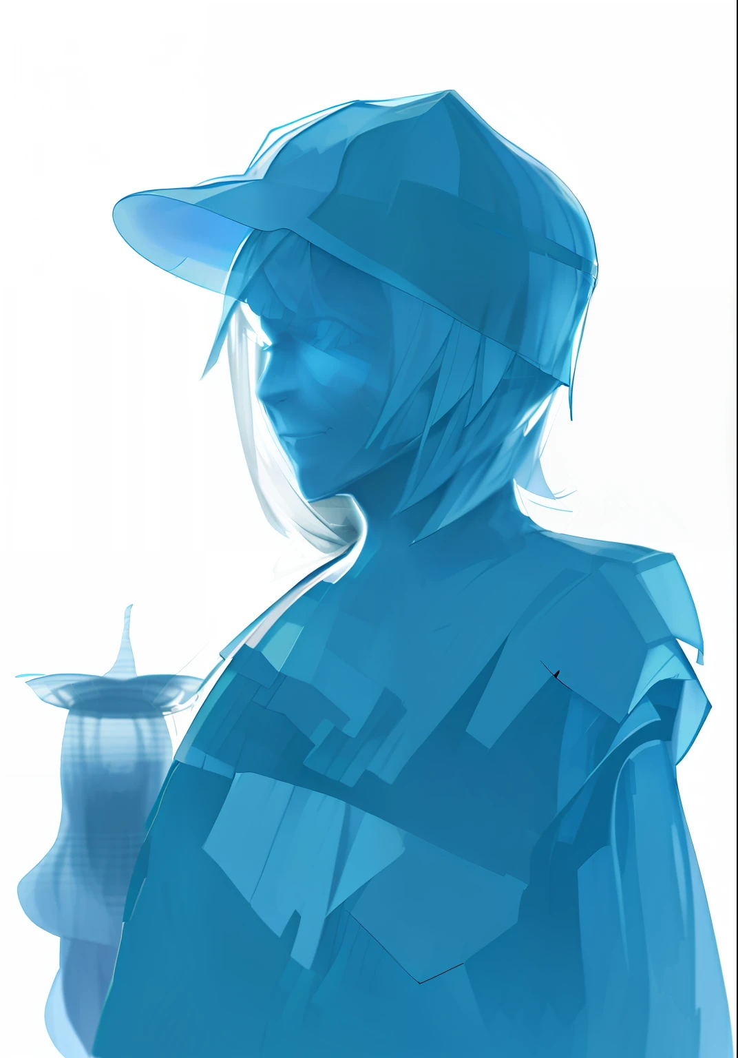 There is a blue smoke painting，A woman holds a cup, figure silhouettes, 2 d render, clear silhouette, digital 2d drawing, character with a hat, diffuse outline, 2d portrait, 2 d sprites, drawn with photoshop, Digital drawing, half-body portrait, 2D digital art, 2D digital art, sprite 2 d, sprite art, faded outline