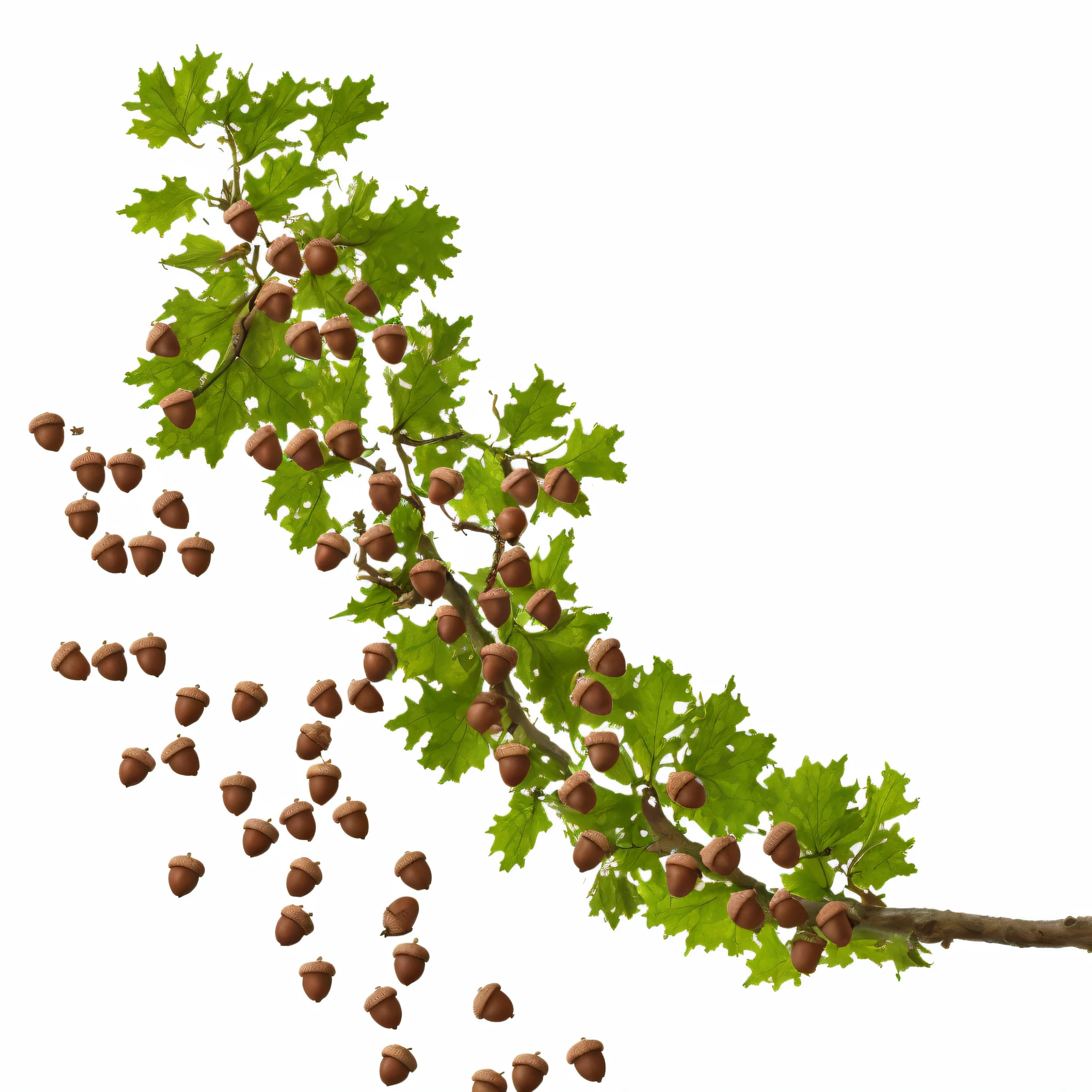oak leaves and acorns hanging from an oak branch by stems. photorealistic, ,rich colors ,hyper realistic ,lifelike texture, dramatic lighting ,