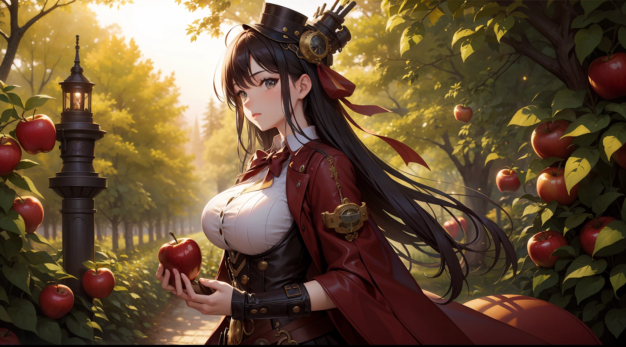 steampunk art, Apple orchard, A huge red apple in a coniferous forest, bokeh, glare, radiance, Fantasy elements, fairycore, High Resolution, image, Lovely