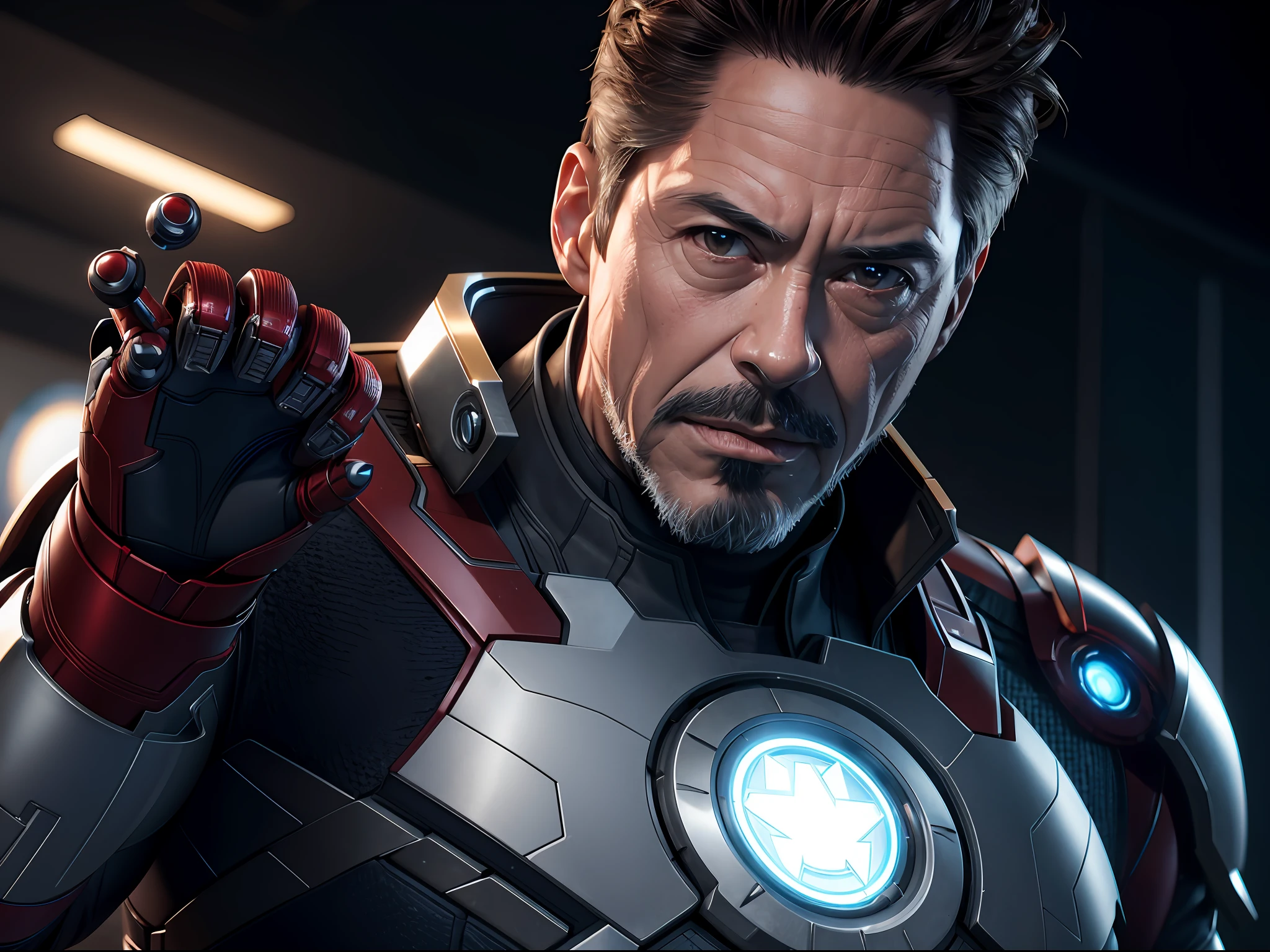 Marvel, Old man Tony Stark, realistically, dynamic lights, old, gray stubble, full shoot, (extremely detailed CG unity 8k wallpaper), trending on ArtStation, trending on CGSociety, High Detail, Sharp focus, dramatic, photorealistic