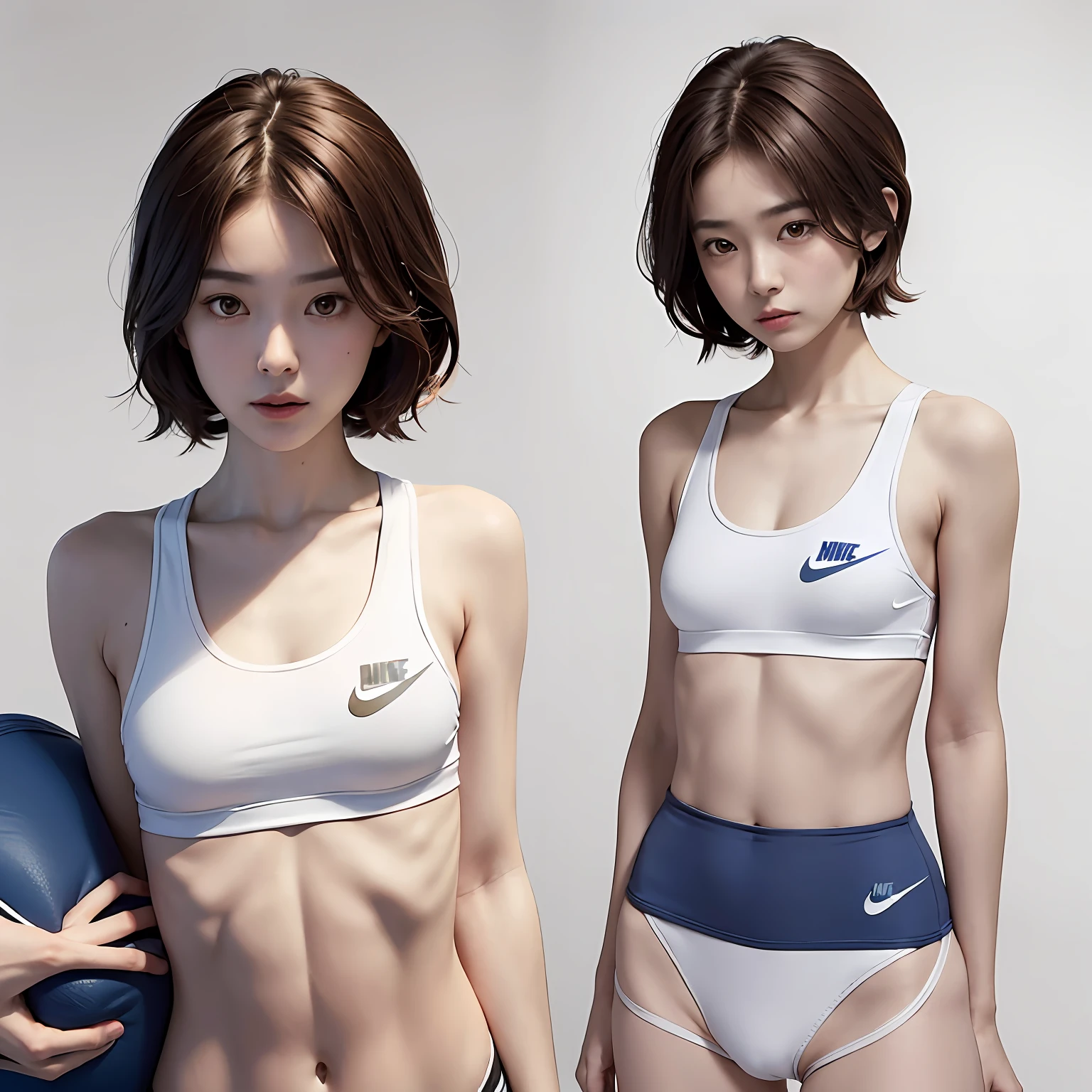 (Solo), (a detailed full-body RAW photo of a girl), (masutepiece:1.0), (Best Quality:1.4), (超A high resolution:1.2), (Photorealistic:1.4), 8K resolution, Canon EOS R5, 50 millimeters, absurderes, ultra-detailliert, (25-years old), back focus, Cinematic lighting, Detailed beautiful face, (no-makeup:1.2), (ulzzang -6500-v1.1), petite figure, Detailed skin texture, (flat chest:1.4), (skinny and fit body:1.6), Detailed brown hair, sweltering,(Very short hair:1.5), See Through wear, (bloo&White Nike Mat Thin Competition Athletic Wear:1.5), More transparent, low rise, realistic glistening skin, Detailed texture, (No bra:1.5), stylish pose, (:0.2), Very small, (Satomi Ishihara:0.4), Cameltoe, well-developed abs, --auto