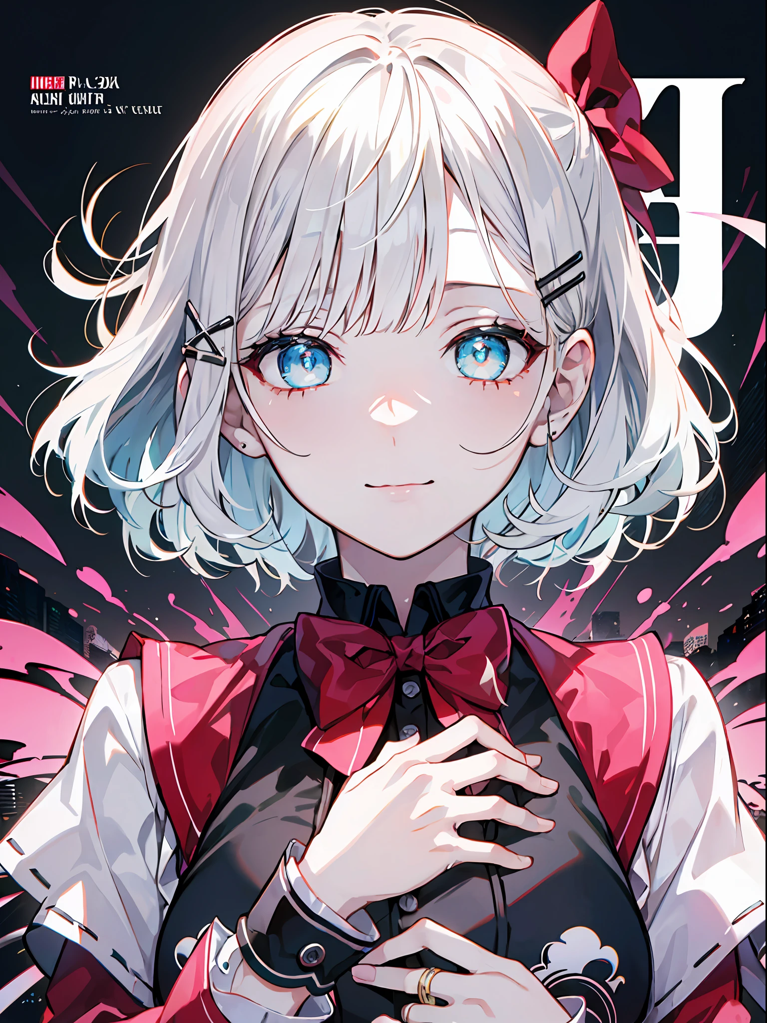 detectivesiesta, Smile, Short hair, Bangs, Blue eyes, Shirt, Hair Ornament, Long sleeves, Dress, Bow, White hair, hair clips, Blunt bangs, bowtie, Red bow, X Hair Ornament, red bowtie, siesta, (medium breasts⁩:1.2), BREAK looking at viewer, BREAK outside, BREAK (masutepiece:1.2), Best Quality, High resolution, Unity 8k壁纸, (Illustration:0.8), (Beautiful detailed eyes:1.6), extra detailed face, Perfect Lighting, extremely details CG, (Perfect hands, Perfect Anatomy),((((Dramatic)))、(((gritty)))、(((vehement)))Movie poster featuring a young woman as the main character。She stands confidently in the center of the poster.、Wear stylish and edgy outfits、I have a determined look on my face。The background is dark and rough、Makes you feel danger and strength。Text is bold and attention-grabbing、Has a catchy tagline that adds to the overall sense of drama and excitement。The color palette is predominantly bright、There are splashes of bright colors、It gives the poster a dynamic and visually striking look。 (magazine:1.3), (cover-style:1.3), Fashionable, femele, with a vibrant, outfits, the pose, the front, Colorful, Dynamic, Background with, element, I'm confident, expresive, ngel, statement, accessorized, An majestic, coiled, surroundings, Touch, The scene, Texto, covers, It's bold, captures the attention, Titles, Stylish, Font, Catchy, headline, The large, Impressive, moderno, Trendy, Focus, lo fashion,shorth hair、Bob Hair、White hair、bright light blue eyes