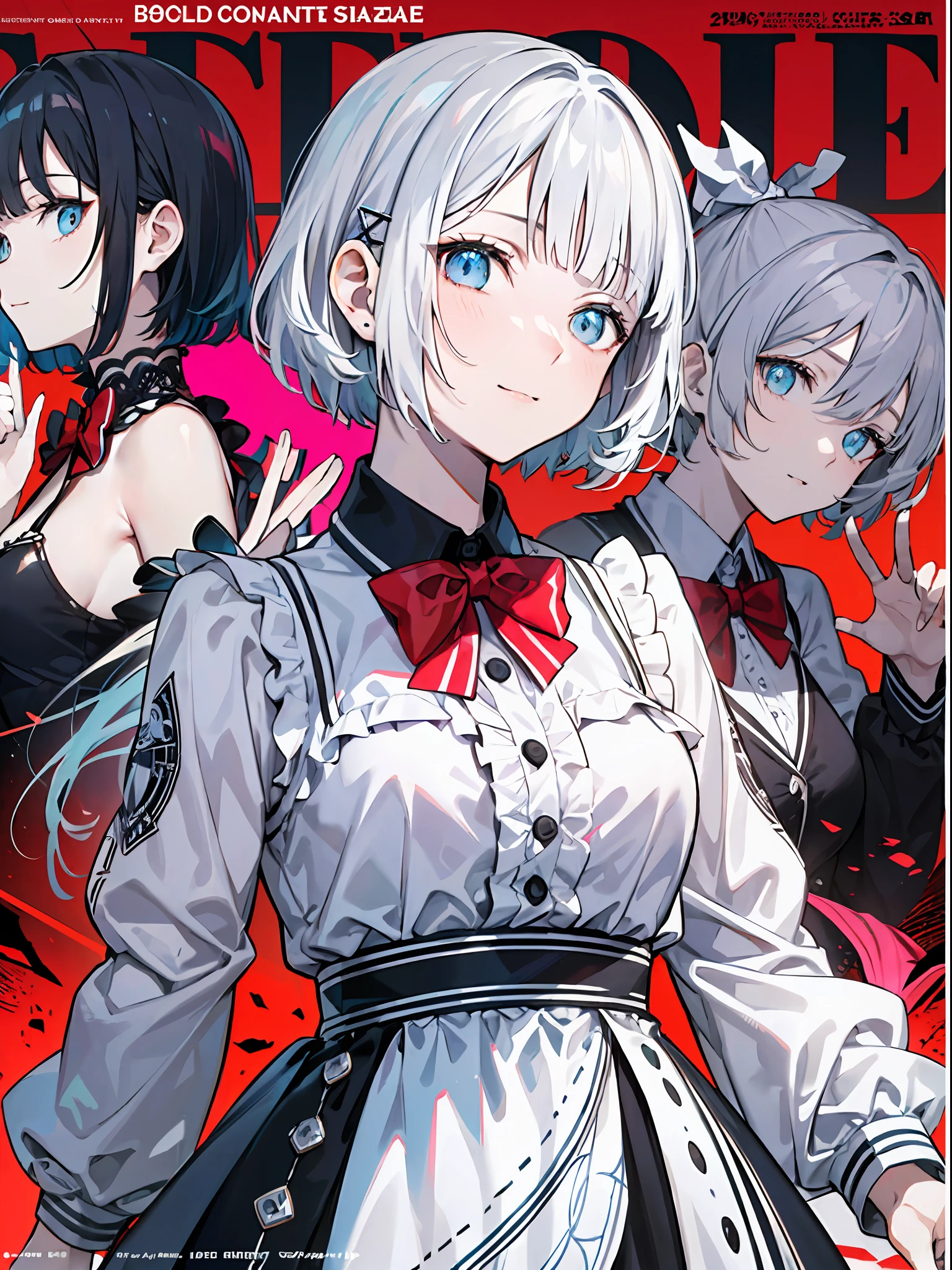 detectivesiesta, Smile, Short hair, Bangs, Blue eyes, Shirt, Hair Ornament, Long sleeves, Dress, Bow, White hair, hair clips, Blunt bangs, bowtie, Red bow, X Hair Ornament, red bowtie, siesta, (medium breasts⁩:1.2), BREAK looking at viewer, BREAK outside, BREAK (masutepiece:1.2), Best Quality, High resolution, Unity 8k壁纸, (Illustration:0.8), (Beautiful detailed eyes:1.6), extra detailed face, Perfect Lighting, extremely details CG, (Perfect hands, Perfect Anatomy),((((Dramatic)))、(((gritty)))、(((vehement)))Movie poster featuring a young woman as the main character。She stands confidently in the center of the poster.、Wear stylish and edgy outfits、I have a determined look on my face。The background is dark and rough、Makes you feel danger and strength。Text is bold and attention-grabbing、Has a catchy tagline that adds to the overall sense of drama and excitement。The color palette is predominantly bright、There are splashes of bright colors、It gives the poster a dynamic and visually striking look。 (magazine:1.3), (cover-style:1.3), Fashionable, femele, with a vibrant, outfits, the pose, the front, Colorful, Dynamic, Background with, element, I'm confident, expresive, ngel, statement, accessorized, An majestic, coiled, surroundings, Touch, The scene, Texto, covers, It's bold, captures the attention, Titles, Stylish, Font, Catchy, headline, The large, Impressive, moderno, Trendy, Focus, lo fashion,shorth hair、Bob Hair、White hair、bright light blue eyes