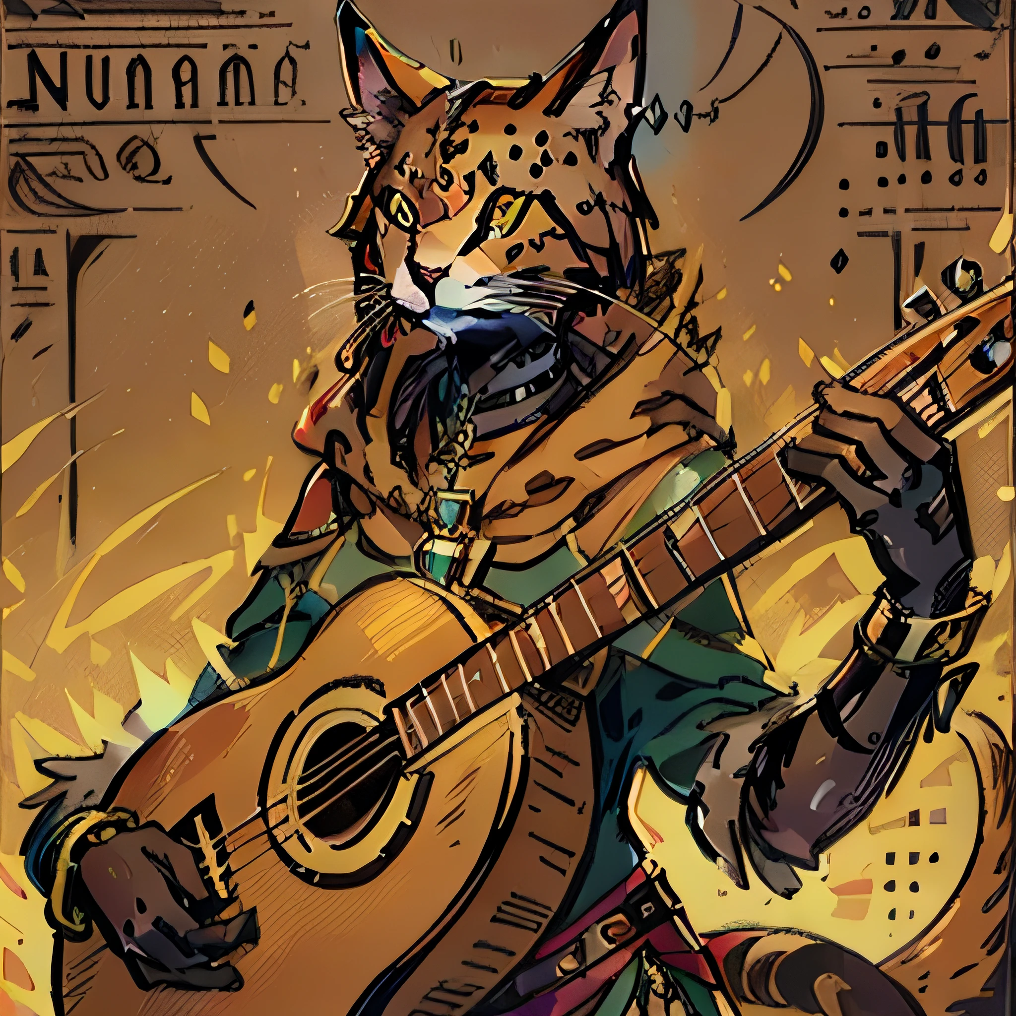 tabaxi, humanoid cat like anubis, female villager, with brown sexy clothes,singing, playing lute, RPG character, medieval fantasy, close up portrait