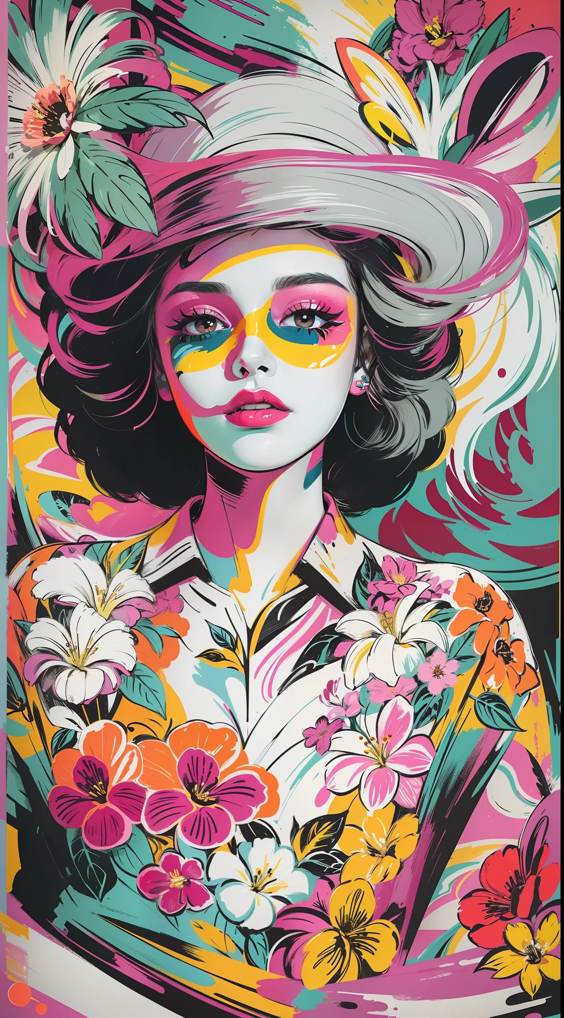 Create a digital art work in pop art style, featureing a vibrant and confident woman with bold makeup and colorfull fashion, cinematic color scheme, surrounded by vintage flowers patterns, energtic brushstrokes,the mood should be dynamic, upper body, drawing, illustration, grayscale, tropical, adubon fruits, adubon plants, many flowers, vector, painting,