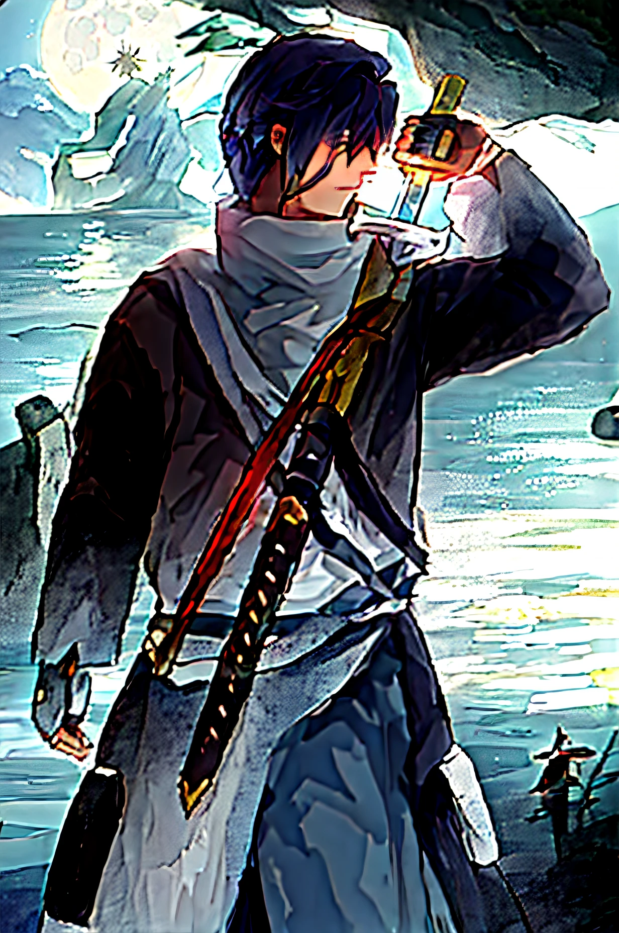 A high resolution,ultra - detailed,HDR,tmasterpiece,best qualtiy。 One guy,Aki Hayakawa,1boy,独奏,handsome,Holds a katana,a black trench coat,Turn Back,Chainsaw man Aki Hayakawa,Aki Hayakawa,Short hair tied up,Red katana,Short hair,Hair tied up on end,There is a hood,Holds a katana,The arms droop naturally,Back Shadow,Turn Back,male,Anime characters,1boy,One guy,Hair tied up,Not a ball head,Natural leg movements 。 Day and night shift,The moon occupies one-sixth of the sky,On the cliff,Under the cliffs is the lake,There is a reflection of moonlight on the surface of the lake,cawing ravens,Sparse tree,mont,grassy fields,Turn Back,On the cliff。 under moonlight,Solitude。 Mist light,Diffuse。 Cinema lenses。 poster for,3D