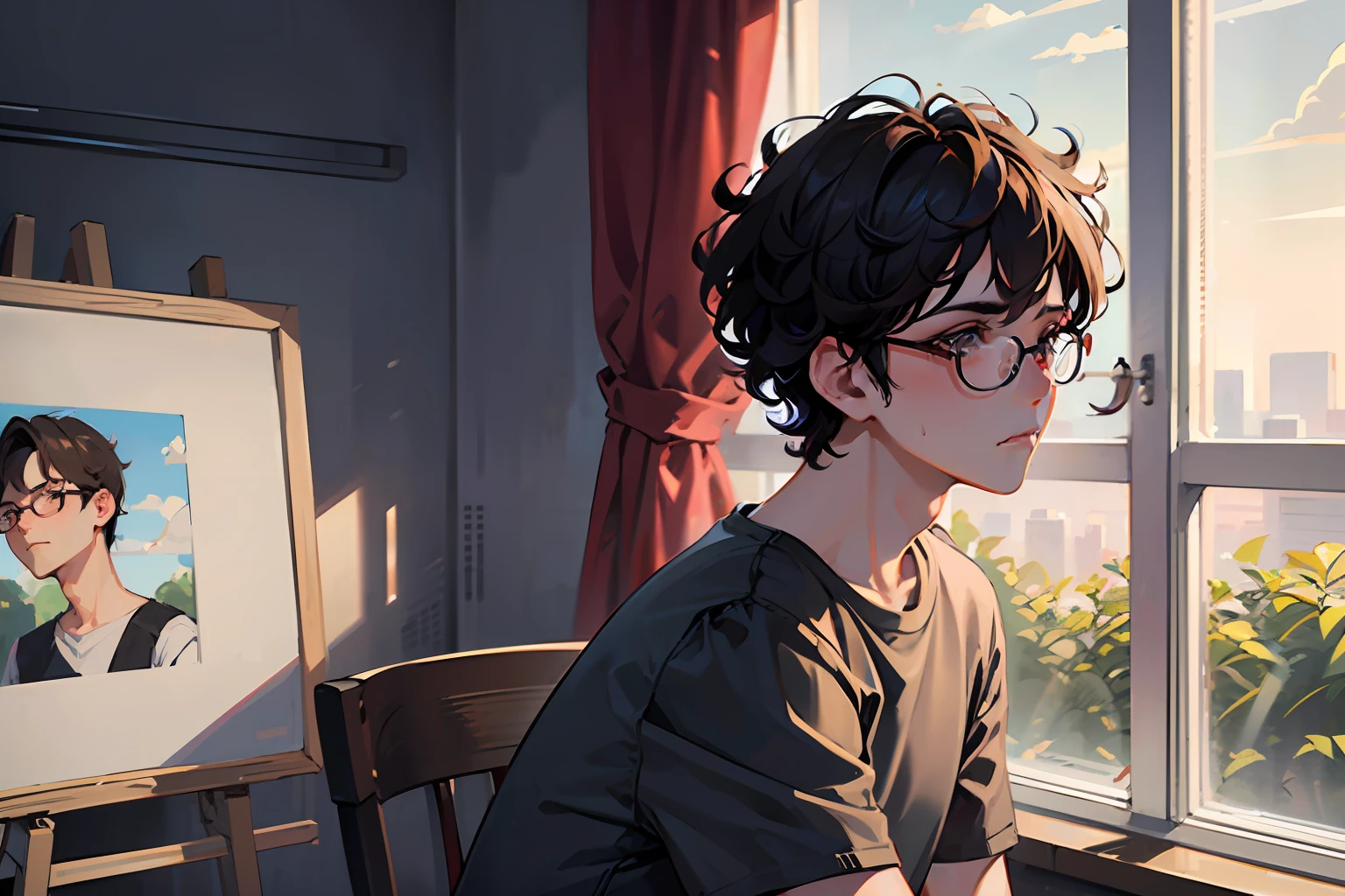 a college boy with skinny body, wearing grey shirt and short pants, eyeglasses, short curly hair, lost hope, sad face, side view, window, super detailing,  super detail of face, painting style, high res