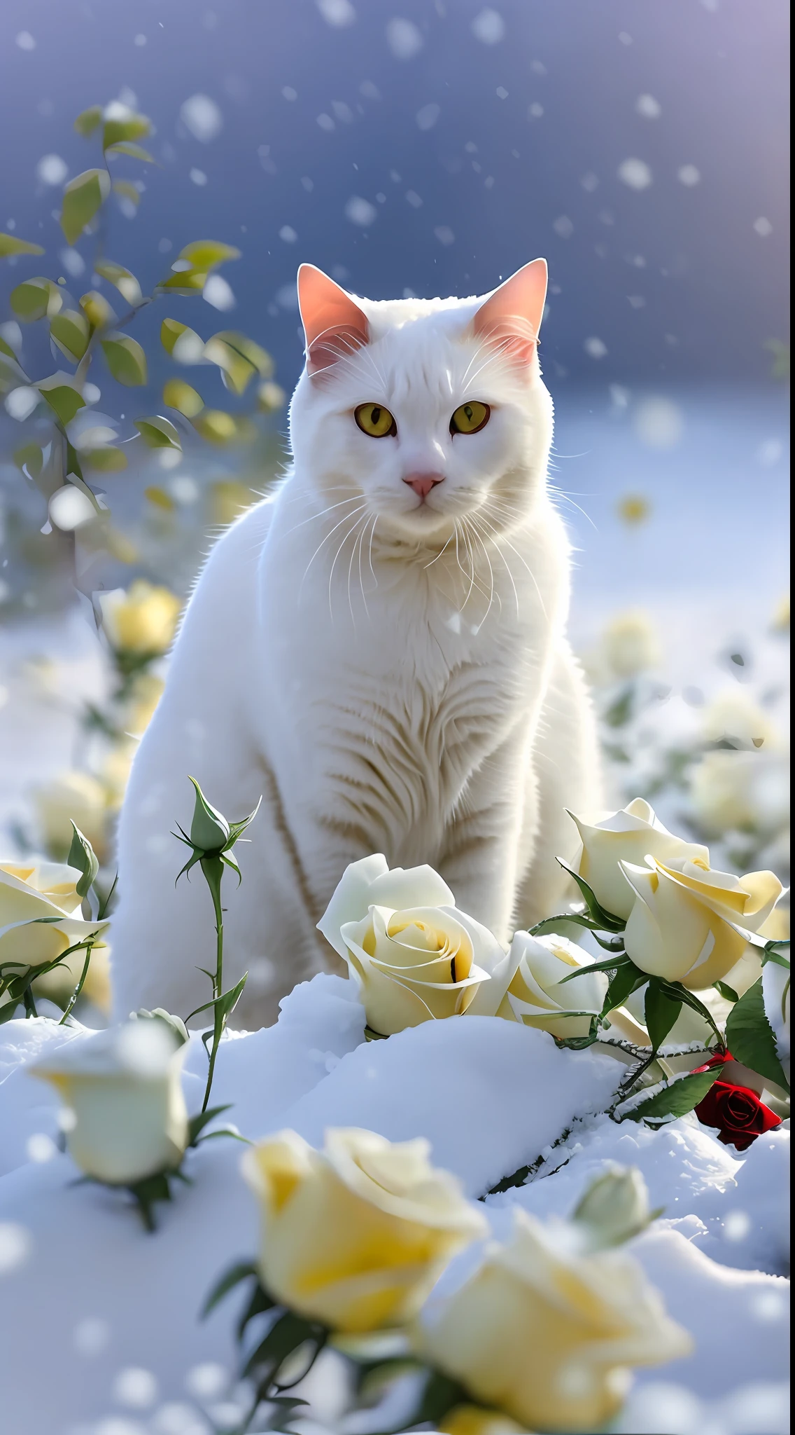 There are a lot of roses in the snow in the fields, The petals of the leaves are sprinkled with dust and snow, roses in cinematic light, Beautiful nature, Beautiful photography,White roses and yellow roses, Fat cat next to a rose bush, stunning cinematography, In the snow,4K photography,8K high quality detailed art