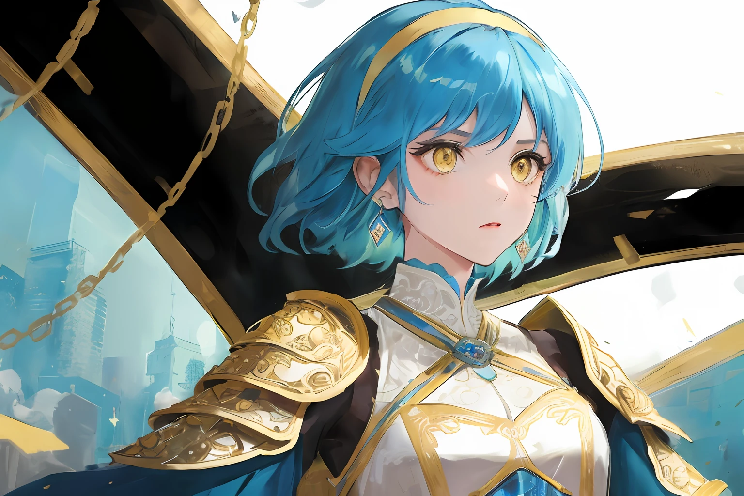 ((masterpiece)),(((best quality))), illustration, 1woman adult, (short hair), (poofy hair), blue hair, bangs, hairstyle fax, (yellow eyes), environment Scene change, hairstyle fax, pose Zitai, female, ancient armor, charturnbetalora, highly intricate accessories, highly intricate clothes, white dress, gold trim, Lightblue hair, bright color, earrings, armor, shoulder armor, hairband, holding sword close to face, fear expression