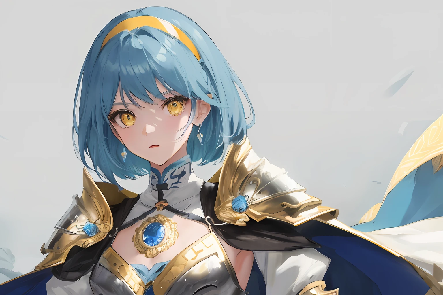 ((masterpiece)),(((best quality))), illustration, 1woman adult, (short hair), (poofy hair), blue hair, bangs, hairstyle fax, (yellow eyes), environment Scene change, hairstyle fax, pose Zitai, female, ancient armor, charturnbetalora, highly intricate accessories, highly intricate clothes, white dress, gold trim, Lightblue hair, bright color, earrings, armor, shoulder armor, hairband, holding sword close to face, fear expression