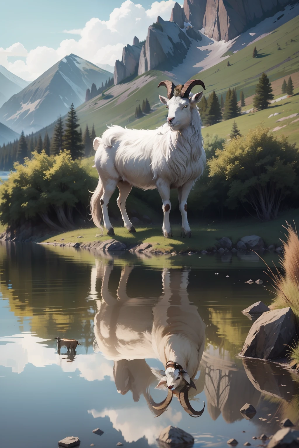 Wild goat by a lake