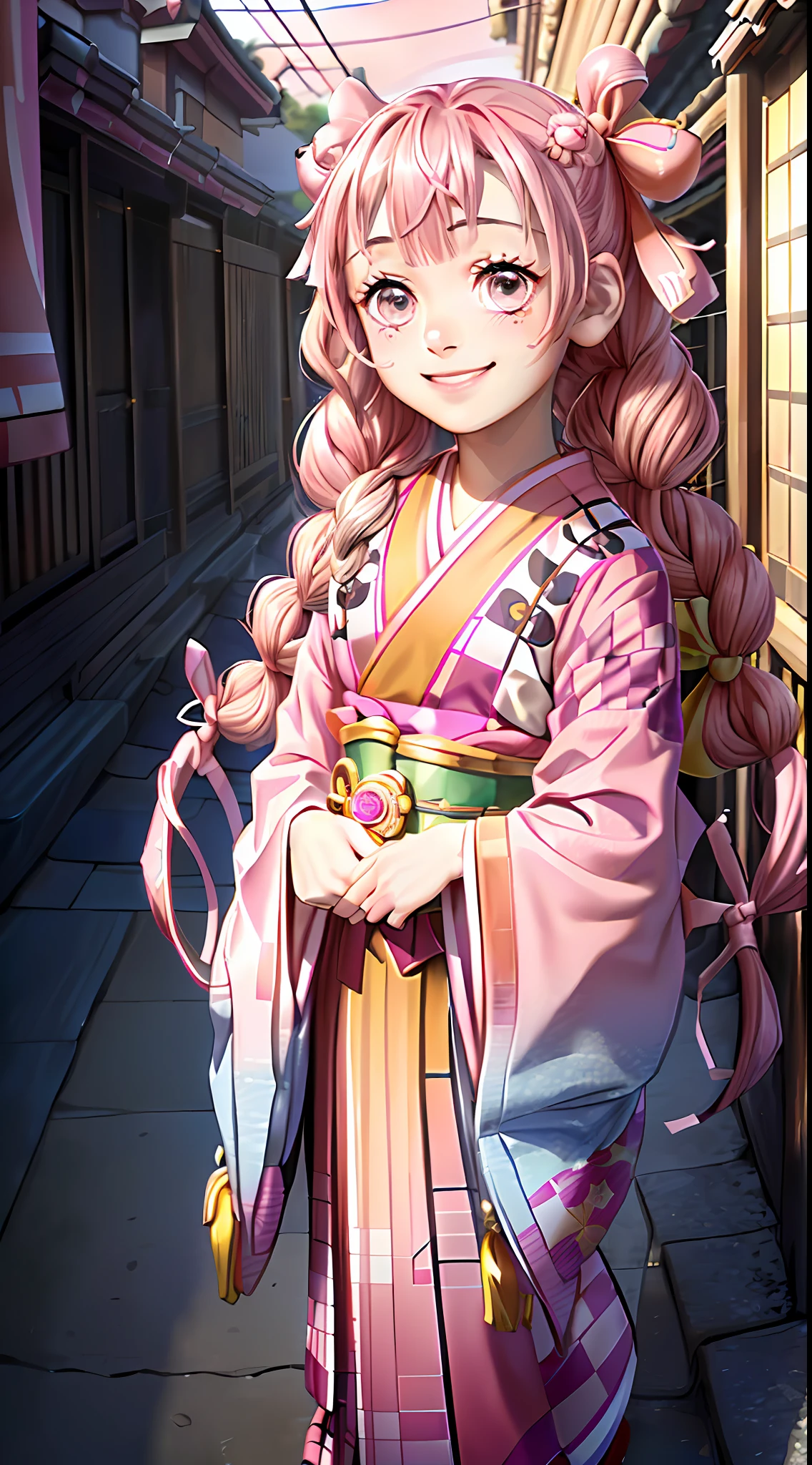 Masterpiece, Best Quality, High Resolution, Venus1, 1Girl, Solo, Kamato Nezuko, Brown Hair, (((((Pink Ribbon)) Checkered Belt, No Gag, NO Gag, Gradient Hair, Haori, Japanese Clothing, Kimono, Long Hair, Looking Forward at Sunset Smiling, Pink Eyes, Pink Kimono, Pink Ribbon, Solo, Full Body, Front, Bokeh Background (85mm Lens), Front Camera, Resolution 1366 x 768