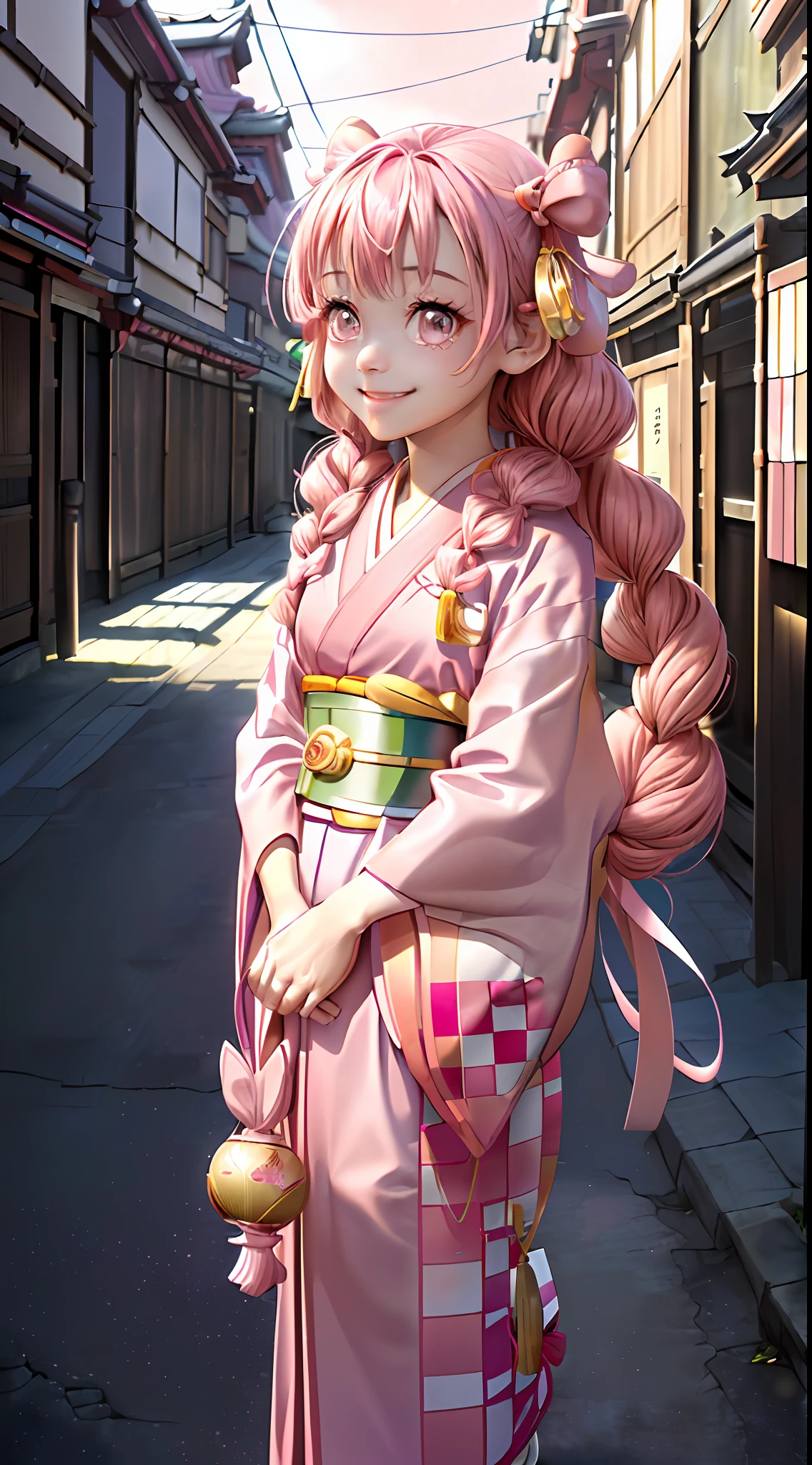 Masterpiece, Best Quality, High Resolution, Venus1, 1Girl, Solo, Kamato Nezuko, Brown Hair, (((((Pink Ribbon)) Checkered Belt, No Gag, NO Gag, Gradient Hair, Haori, Japanese Clothing, Kimono, Long Hair, Looking Forward at Sunset Smiling, Pink Eyes, Pink Kimono, Pink Ribbon, Solo, Full Body, Front, Bokeh Background (85mm Lens), Front Camera, Resolution 1366 x 768
