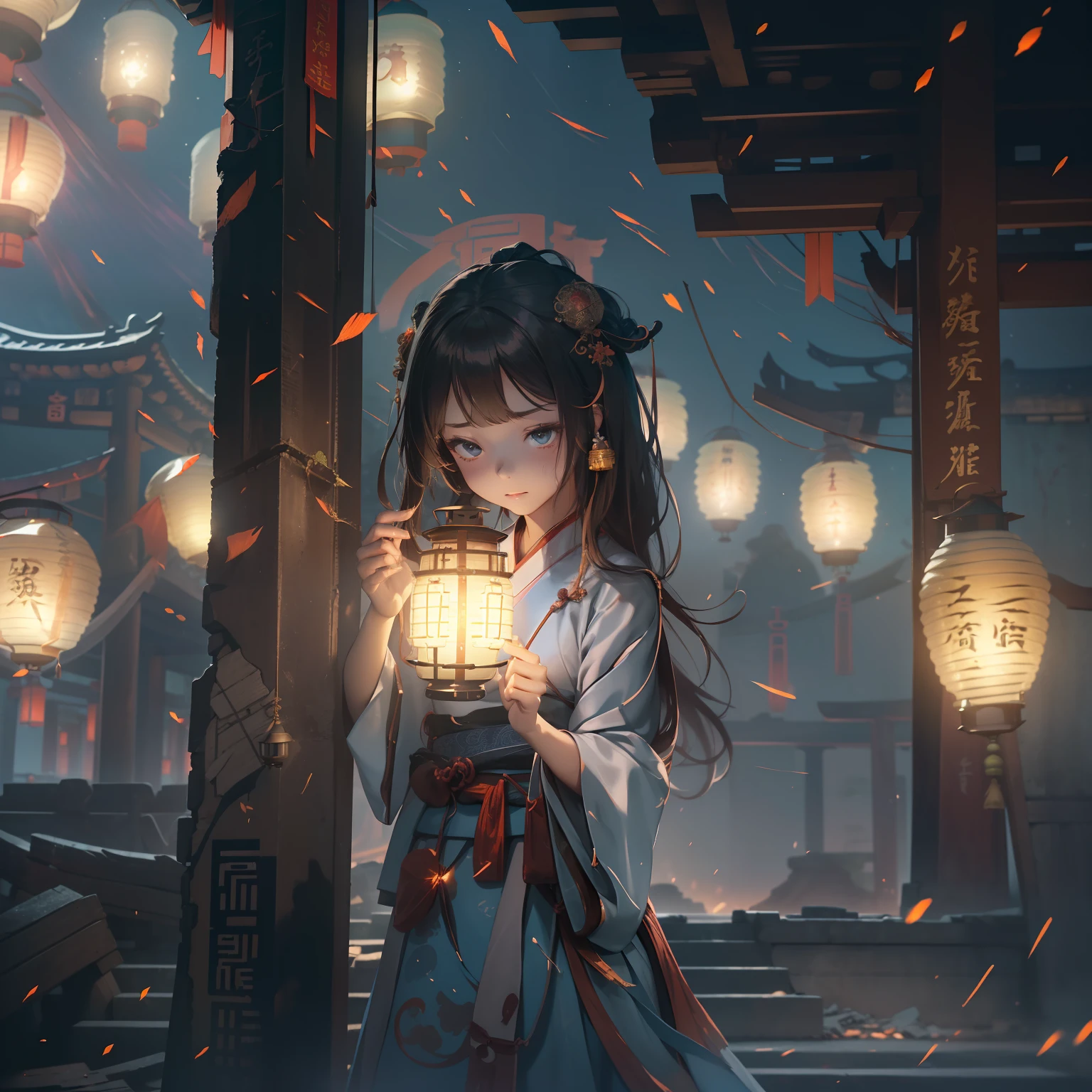 Very cute girl,G Cup Breasts,(Hanfu:1.6),(Hunfu skirt:1.3),(Bewitching:1.5),(The light of the mysterious lanterns shines:1.4),16 years old,a short bob,(A crumbling abandoned temple with peeling paint:1.5),(dark sky:1.8),(top-quality:1.4) ,Melancholy look,(Prone to downcast eyes:1.4),Look away,(Vague and ephemeral:1.4),(Otherworldly:1.1),Less ambient light、Strong reflection,Slender eyes,(Mysterious Beauty:1.4),(Lantern light illuminating a shadowy face:1.4),(underlighting:1.3),