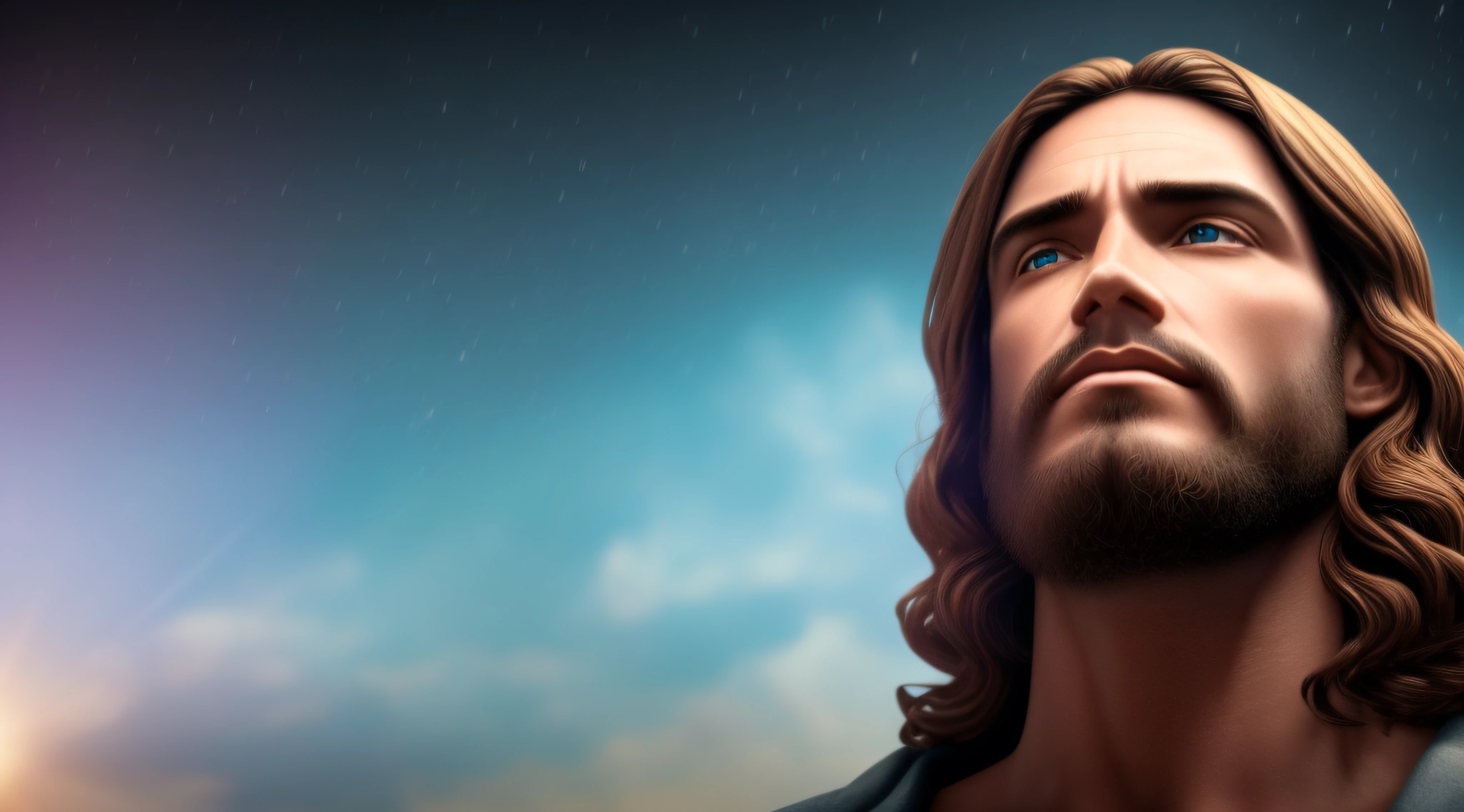 Jesus flutuando no ar em cima de nuvens com uma luz brilhando intensamente em seu rosto (ultra realistic, Ultra Qualidade)