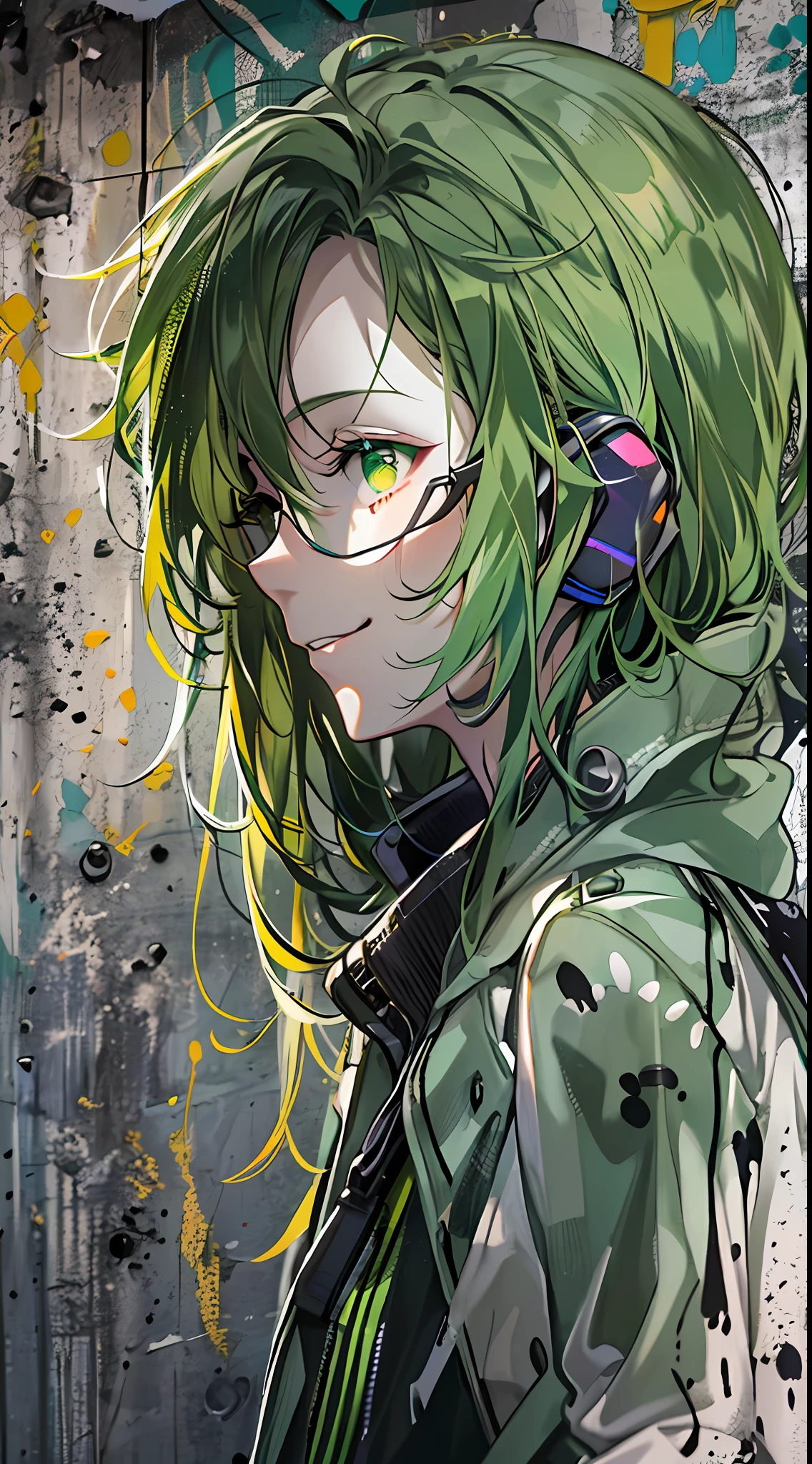 tmasterpiece，Best picture quality，Graffiti girl（scribbles: 1.5），paint splatter，against a wall，Tilt your head and smile，whaite hair，Green eyes，Earphone，（Green and black tones：3），Functional trench coat，Trendy outfits。