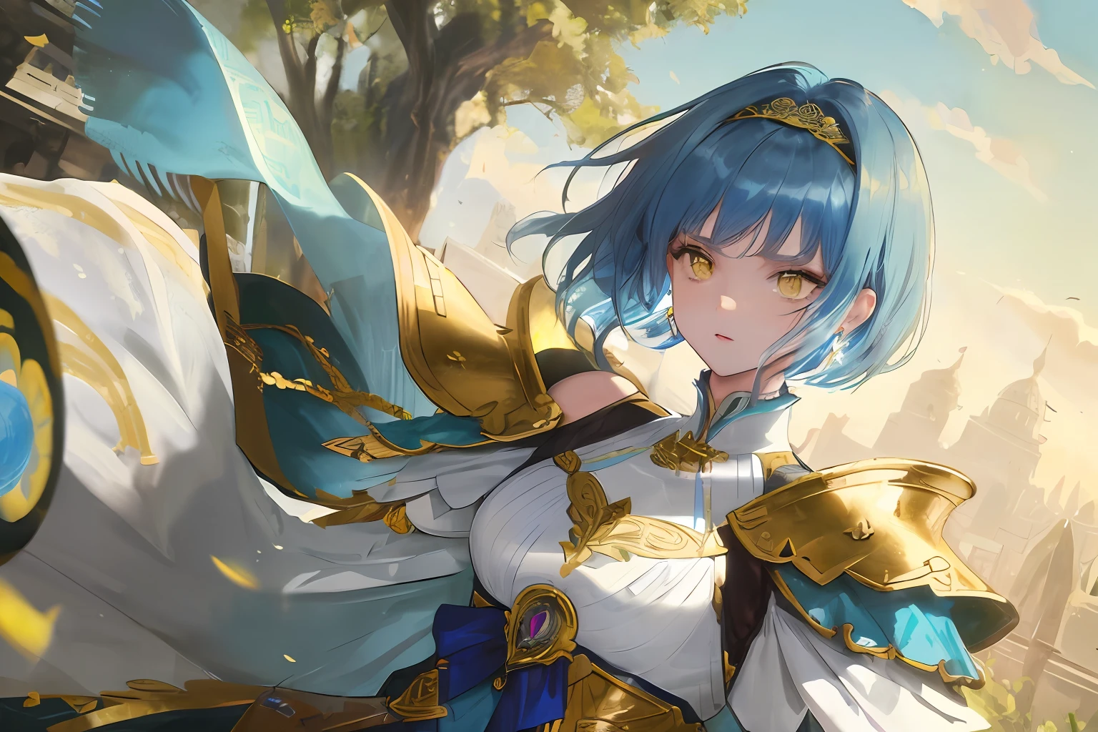 ((masterpiece)),(((best quality))), illustration, 1woman adult, (short hair), (poofy hair), blue hair, bangs, hairstyle fax, (yellow eyes), environment Scene change, hairstyle fax, pose Zitai, female, ancient armor, charturnbetalora, highly intricate accessories, highly intricate clothes, white dress, gold trim, Lightblue hair, bright color, earrings, armor, shoulder armor, hairband, holding sword close to face, fear expression