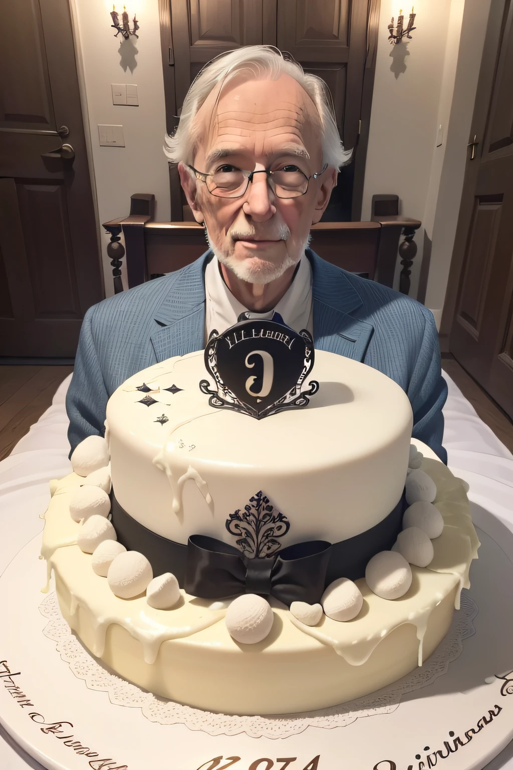 There is a beautiful house where the birthday of a 70-year-old gentleman with an Anglican Christian theme is being celebrated., com varias pessoas em torno de uma mesa com um bolo de glace branco enfeitado com morandos e chocolates em volta.