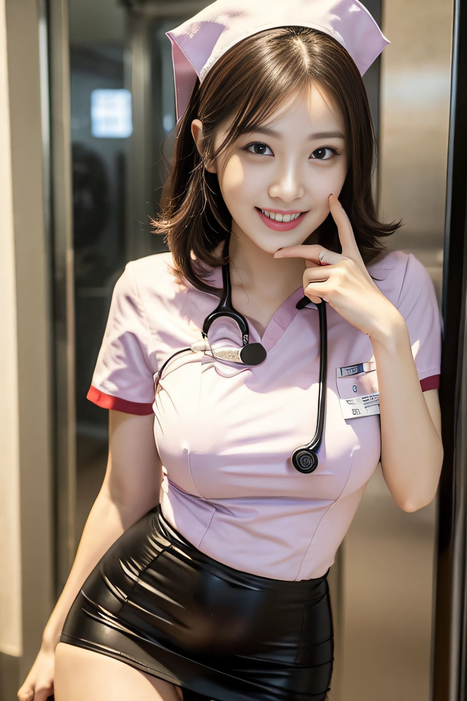 (top-quality、tmasterpiece、电影灯光、)、The iniquity of Japanese beauties、Glossy reddish-brown shorthair、hair pin、Disheveled hair、Floating hair、beauitful face、Slouched、squatt、(Nurse、White nurse uniform、nurse hat、Wrap the stethoscope around your neck、)、Beautiful smooth breasts、Hourglass body、Attract the smile of the audience、looks into camera、Knock the photographer down,Speak with your crotch、Video from below、Hospital Rooms、close face、shiny skins、Bold sexy pose、Beautiful Finger、