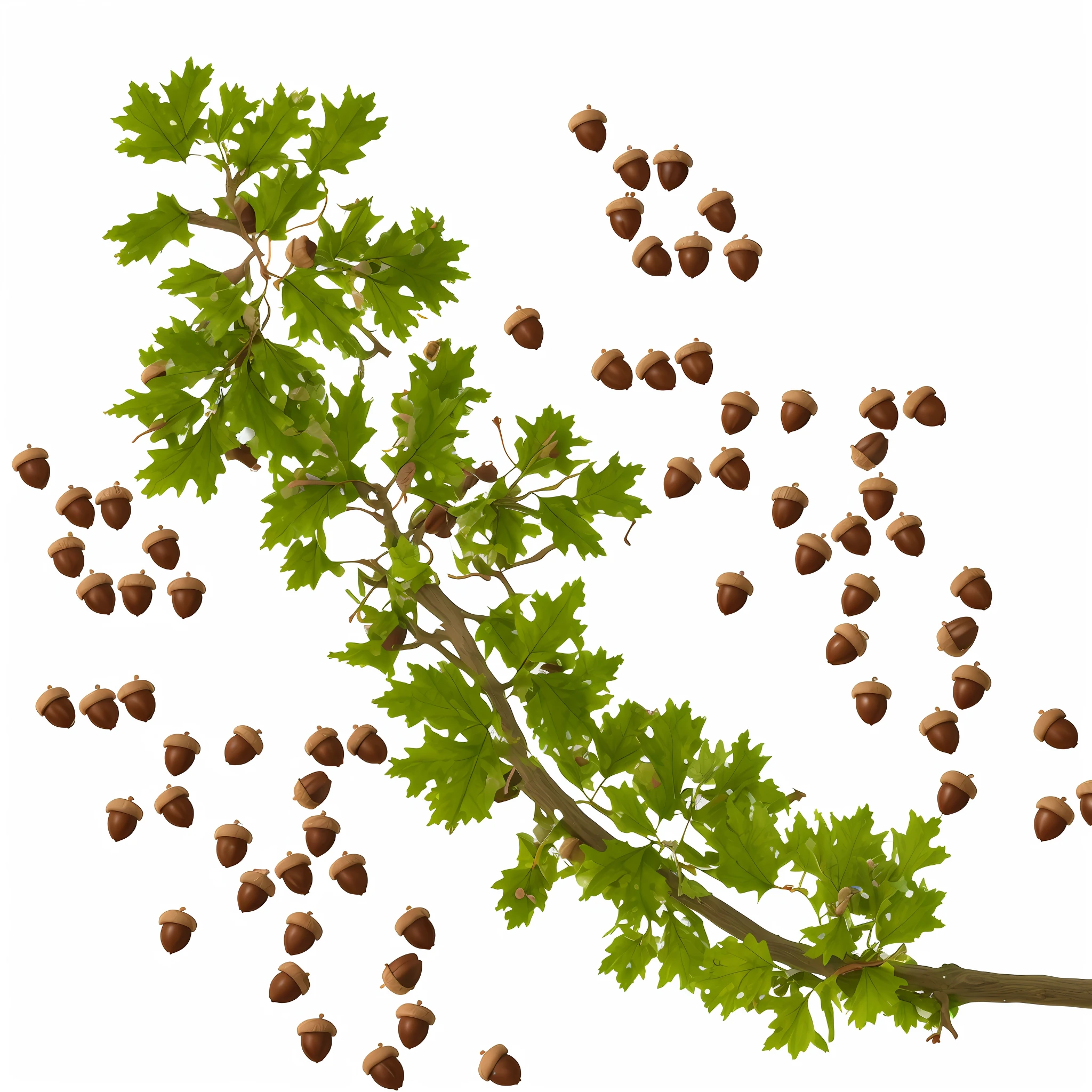 oak leaves and acorns hanging from an oak branch by stems. photorealistic,