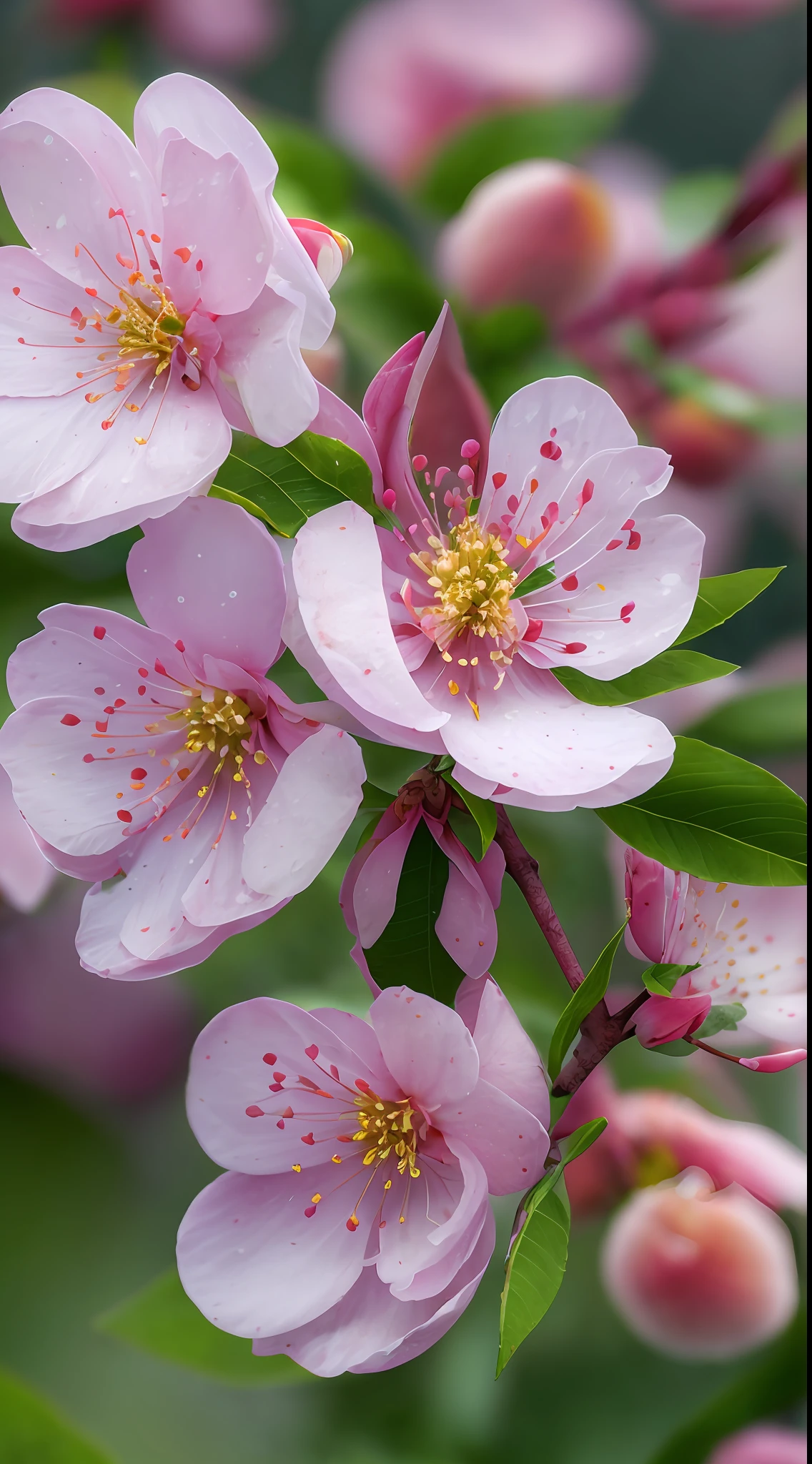 Peach blossom bush,Dust and snow on the green leaves of flower petals,macro shot,4K photography,8K high quality detailed art