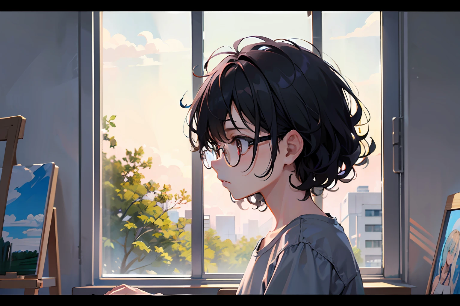 a college boy with skinny body, wearing grey shirt and short pants, eyeglasses, short curly hair, lost hope, sad face, side view, window, super detailing,  super detail of face, painting style, high res