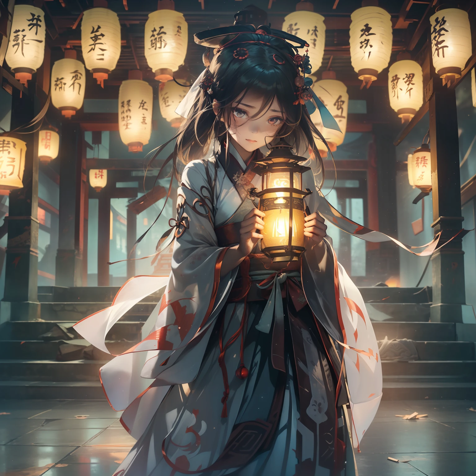 Very cute girl,G Cup Breasts,(Hanfu:1.6),(Hunfu skirt:1.3),(Bewitching:1.5),(The light of the mysterious lanterns shines:1.4),16 years old,a short bob,(A crumbling abandoned temple with peeling paint:1.5),(dark sky:1.8),(top-quality:1.4) ,Melancholy look,(Prone to downcast eyes:1.4),Look away,(Vague and ephemeral:1.4),(Otherworldly:1.1),Less ambient light、Strong reflection,Slender eyes,(Mysterious Beauty:1.4),(Lantern light illuminating a shadowy face:1.4),(underlighting:1.3),