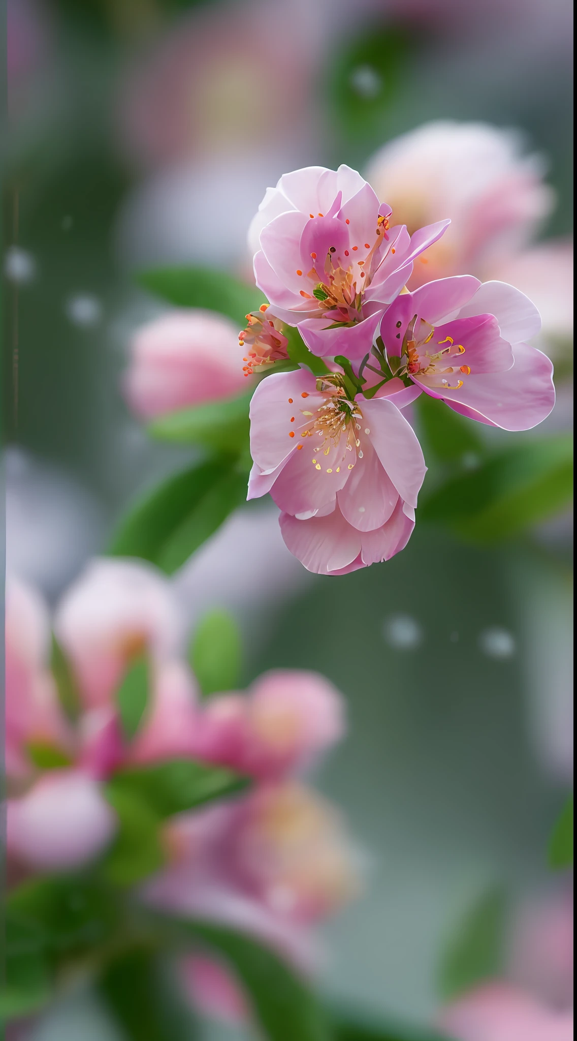 Peach blossom bush,Dust and snow on the green leaves of flower petals,macro shot,4K photography,8K high quality detailed art