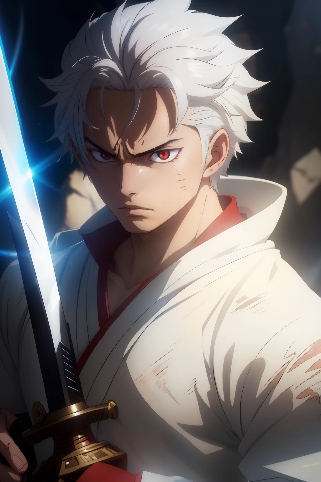 anime boy, , looking me, pure white hair, serious, red eyes, holding a sword, samurai, anime, messy hair, light brown skin, best shade, best quality, Halfrear Lighting, Backlight, Natural Lighting, Soft Lighting, Volumetric, Beautiful Lighting, dynamic pose, 8k --v 4