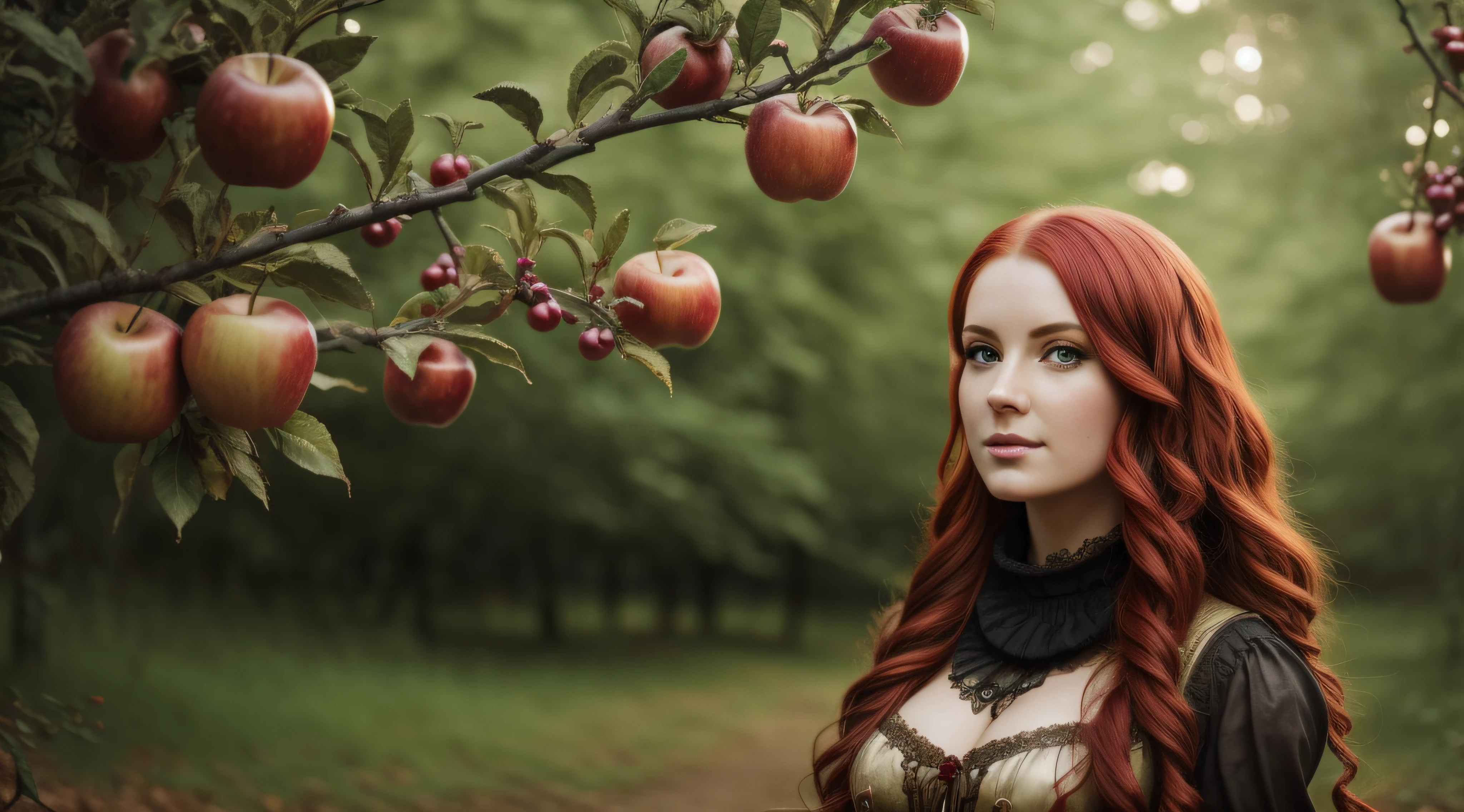 steampunk art, Apple orchard, A huge red apple in a coniferous forest, bokeh, glare, radiance, Fantasy elements, fairycore, High Resolution, image, beautiful Girl with Green Eyes and Red Hair