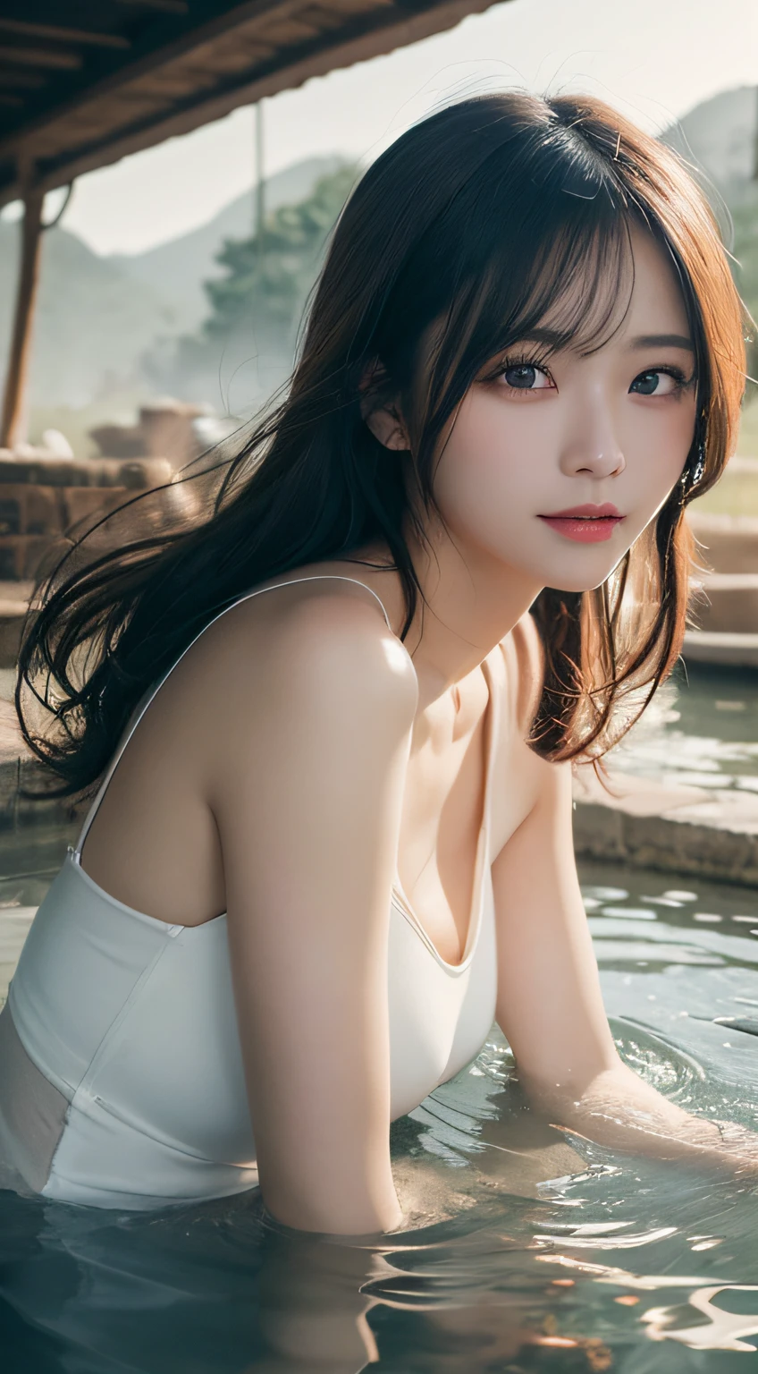 masutepiece, Best Quality, Illustration, Ultra-detailed, finely detail, hight resolution, 8K Wallpaper, Perfect dynamic composition, 1girl, Beautiful detailed eyes, in hot springs, outside
