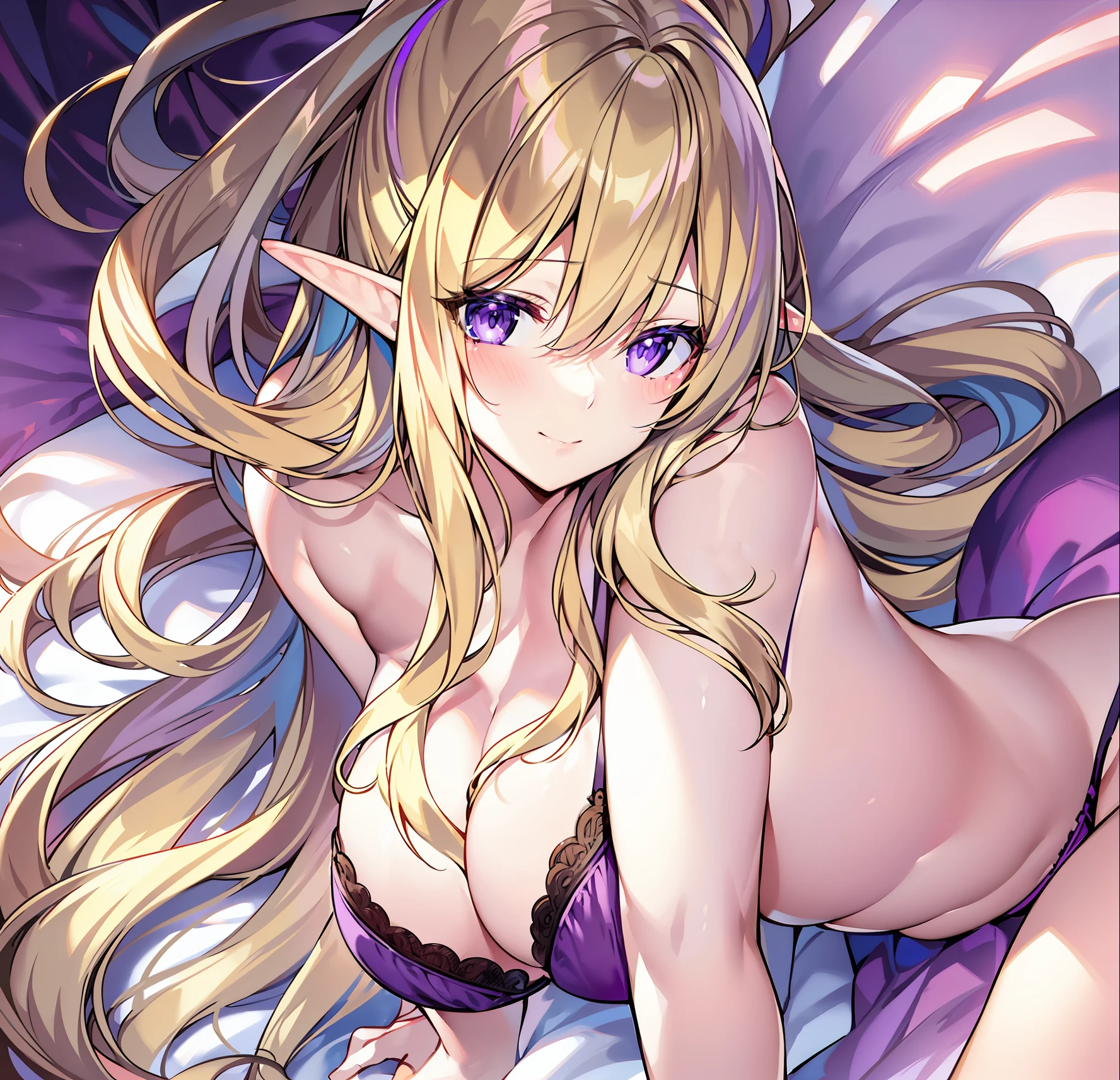 Elf woman, blonde hair, long hair, beautiful eyes, purple eyes, slight smile, calmy look, slight blush, long hair, beautiful hair, beautiful eyes. Half-naked, beautiful body, slender body, big breasts, big butt, purple bra, purple panties. Is inside a nice bedroom, lying on a bed.