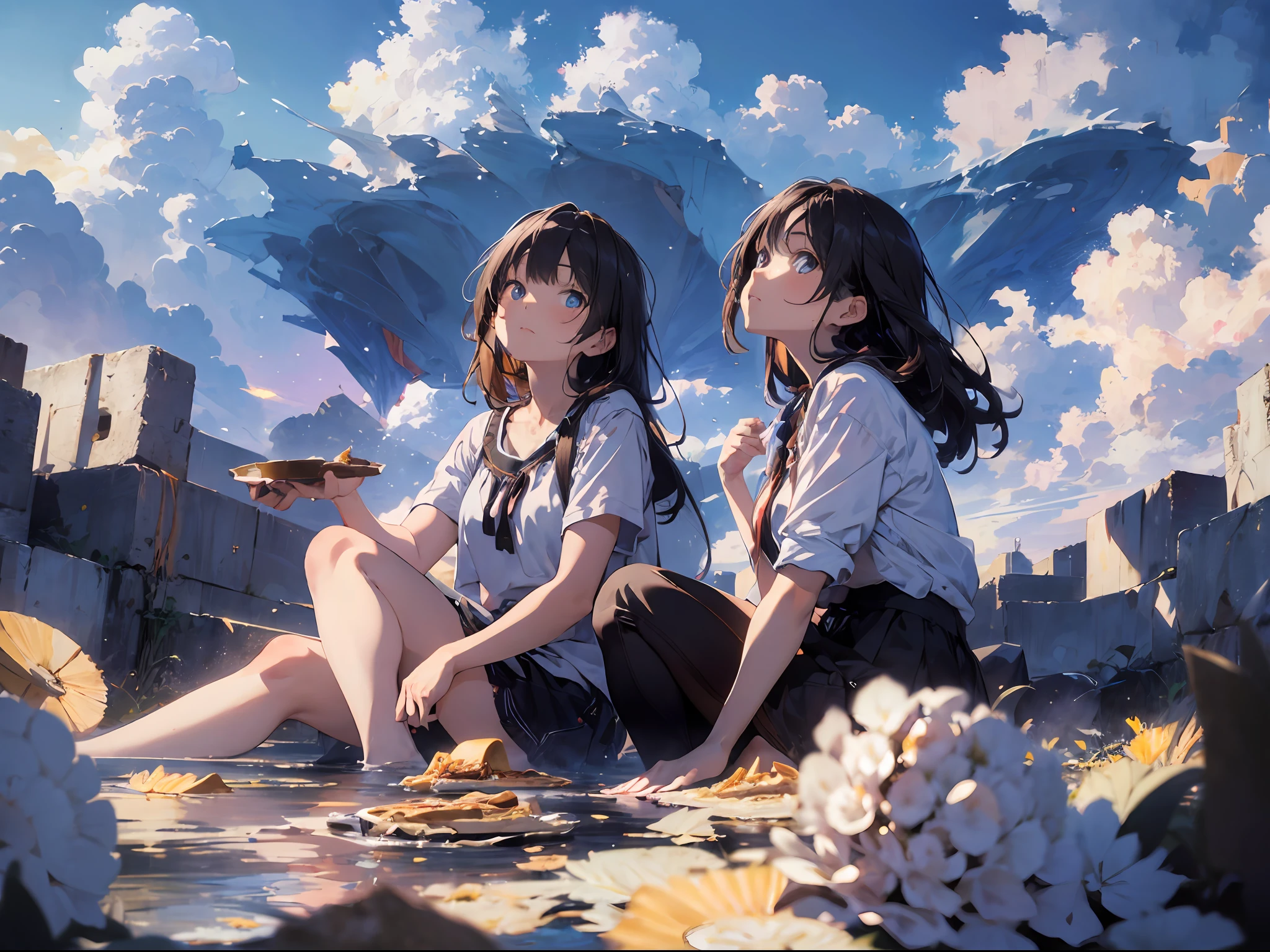 girls on, sitting on, Side Shot, (sky-high:1.3), (A masterpie, best qulaity, Near and far law, Depth-of-field:1.5), the clouds, a sea, beautifulface, thighlet, From Under, 8K, Raw foto, absurdress, impressionists, (Tom Thomson, Claude Monet, Joaquin Sorolla, James Wilson Morris, Jon Fabian Aluson, Hugh Henry Breckenridge:0.8), FLS, photorealestic, film grains, Color Aberration, high - resolution, Ultra Verbose, finelydetail, dinamic lighting, Dramatic lighting、shadowy、Sharp focus、Very detailed eyes and face、Sharp pupils、Realistic pupils