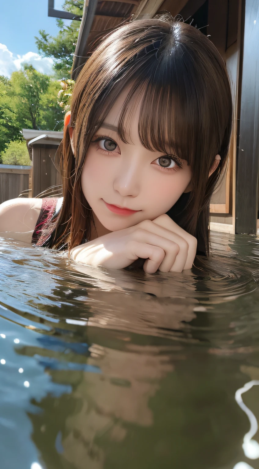 masutepiece, Best Quality, Illustration, Ultra-detailed, finely detail, hight resolution, 8K Wallpaper, Perfect dynamic composition, 1girl, Beautiful detailed eyes, in hot springs, outside